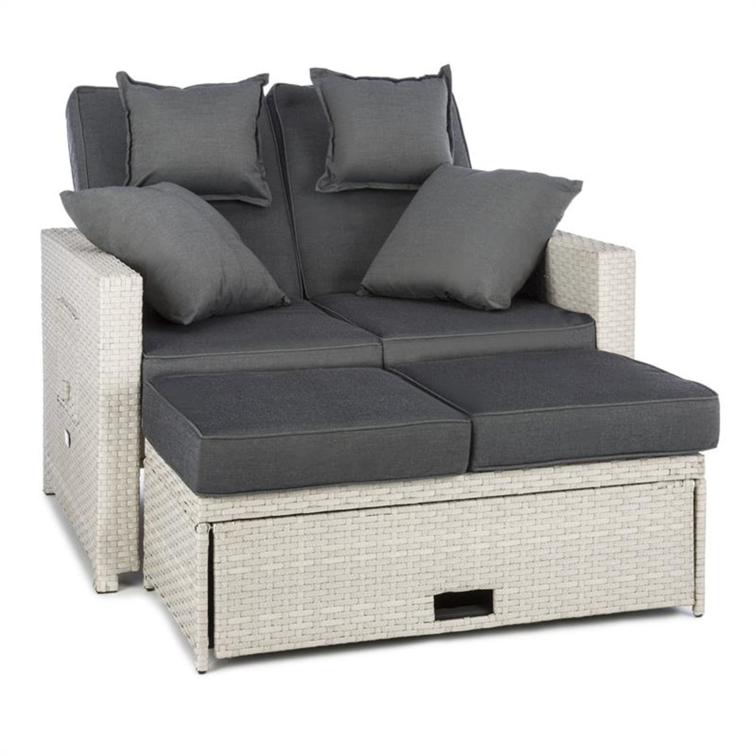 Weißes und graues Outdoor-Sofa mit Kissen und einer ausziehbaren Schublade, auf weißem Hintergrund.