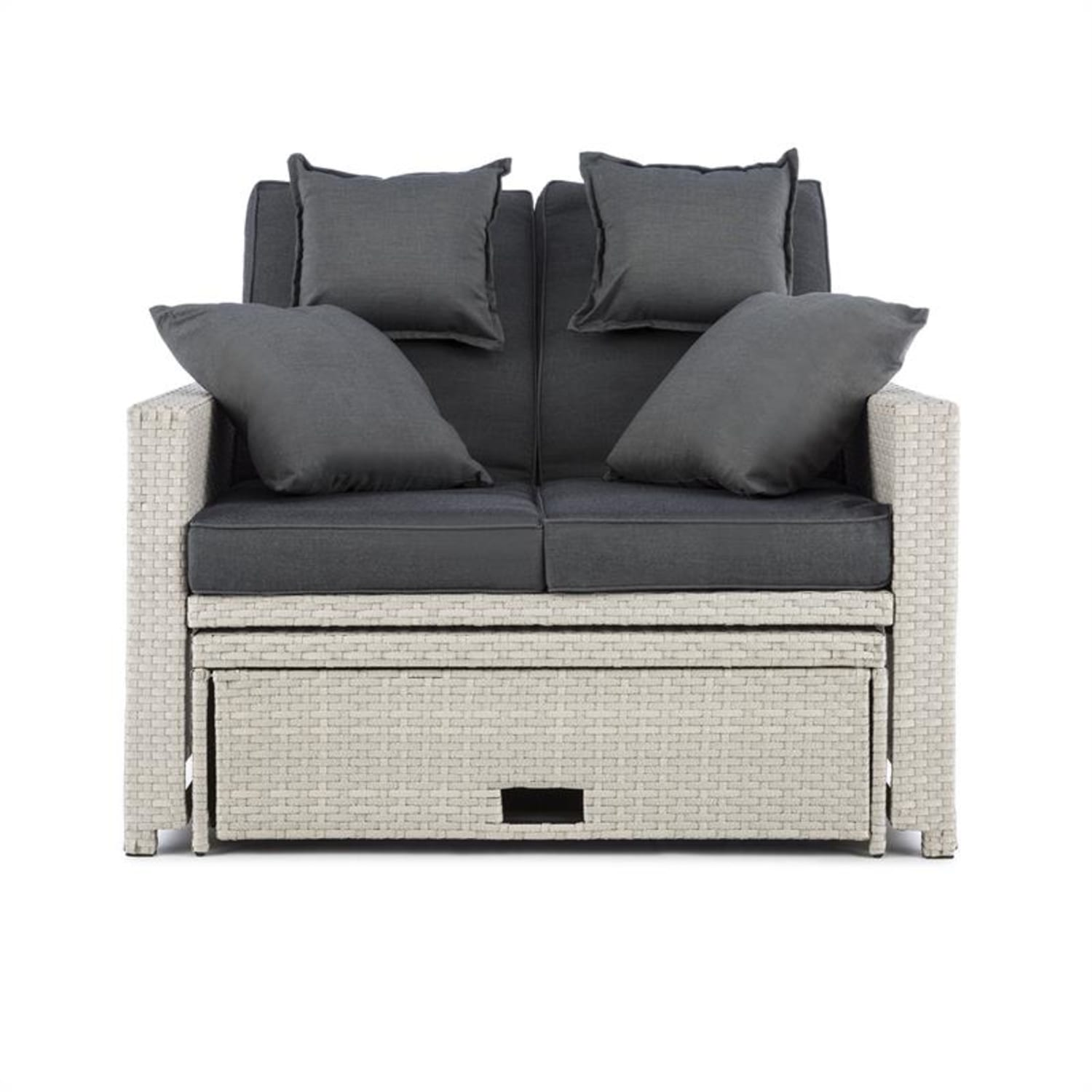 Ein weiß-graues Sofa mit grauen Kissen und einer Schublade unter den Sitzen.