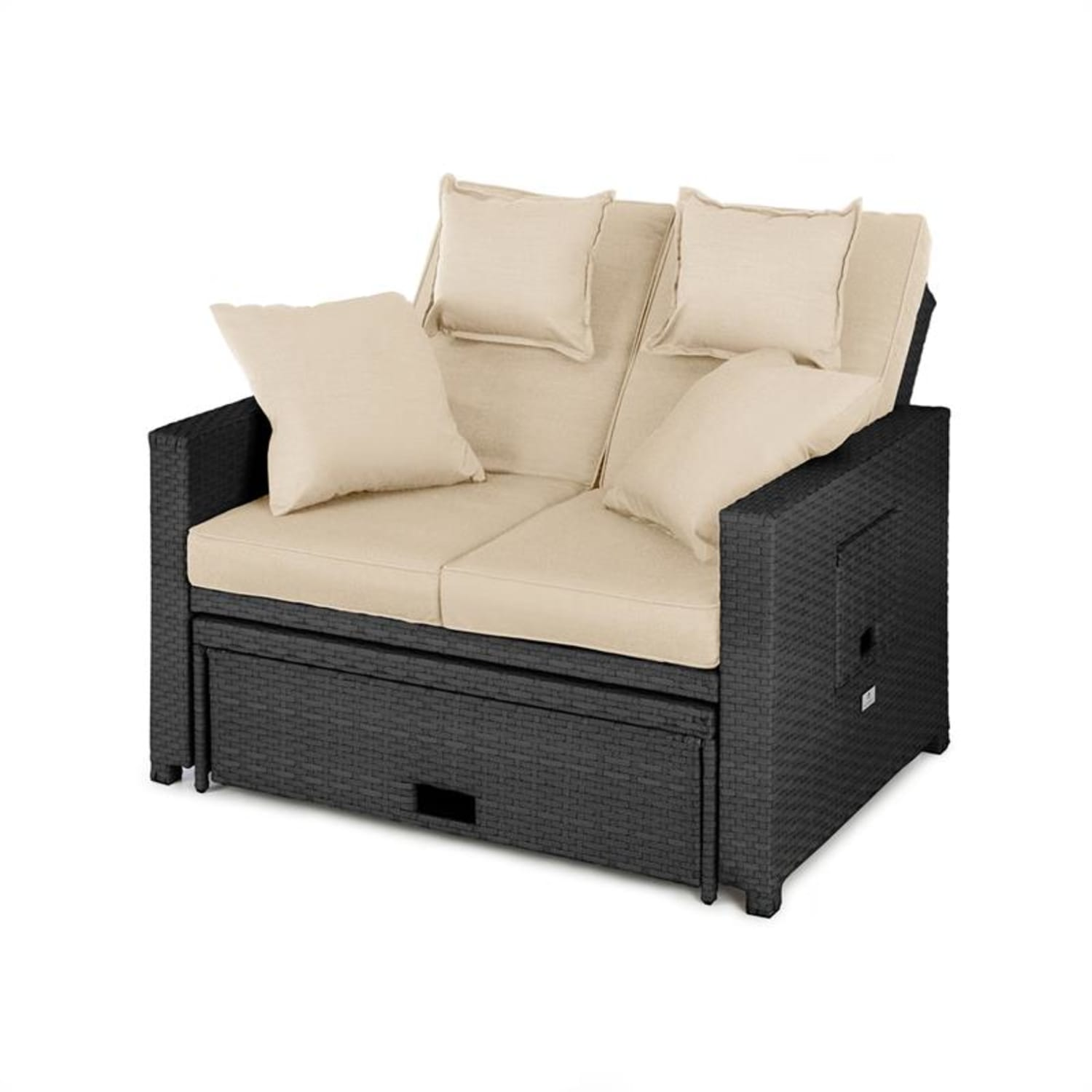 Zweisitziges Outdoor-Sofa mit schwarzem Rahmen und beigen Kissen.
