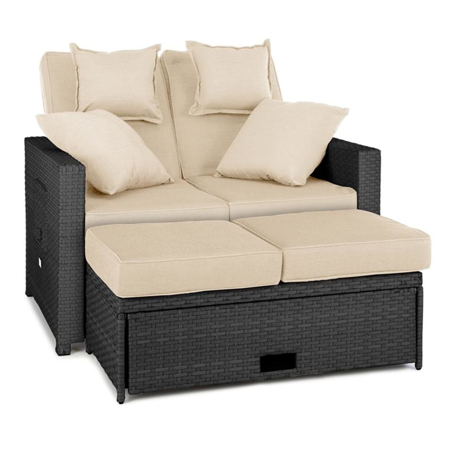 Ein dunkelgraues Outdoor-Sofa mit beigefarbenen Kissen und einer ausziehbaren Schublade.