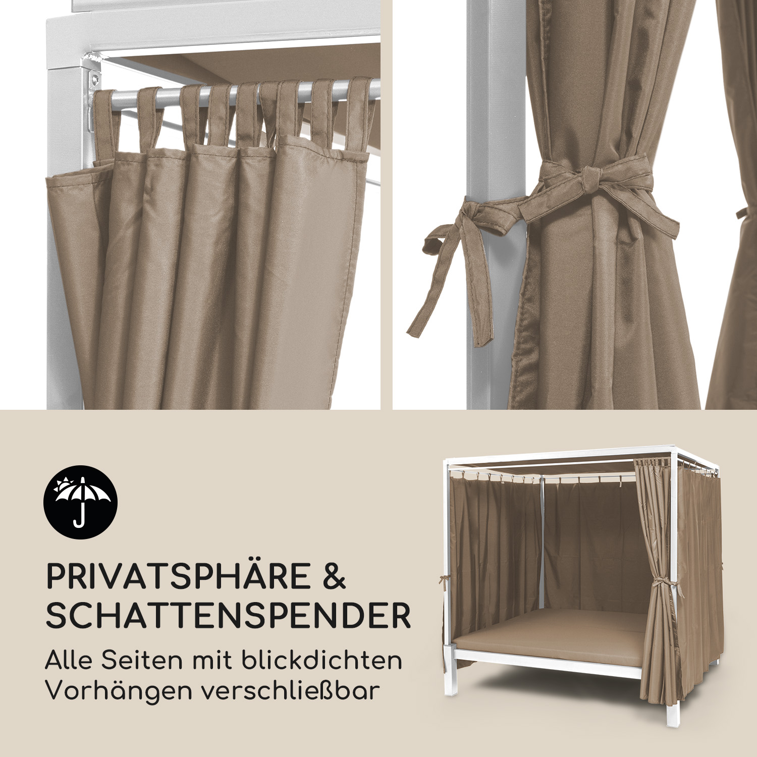 Gazebo beige con tende chiuse. Cornice bianca. Testo: Privacy e ombra. Lati chiusi con tende opache.