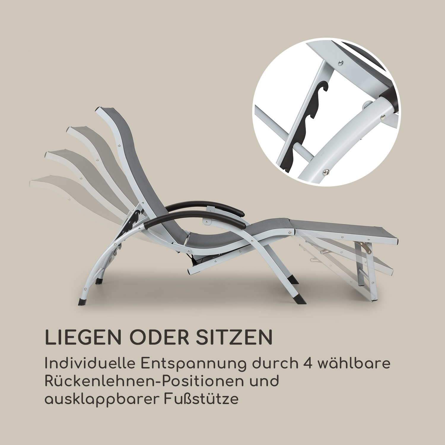 Grauer Liegestuhl mit 4 Rückenlehnenpositionen, Fußstütze und Text.