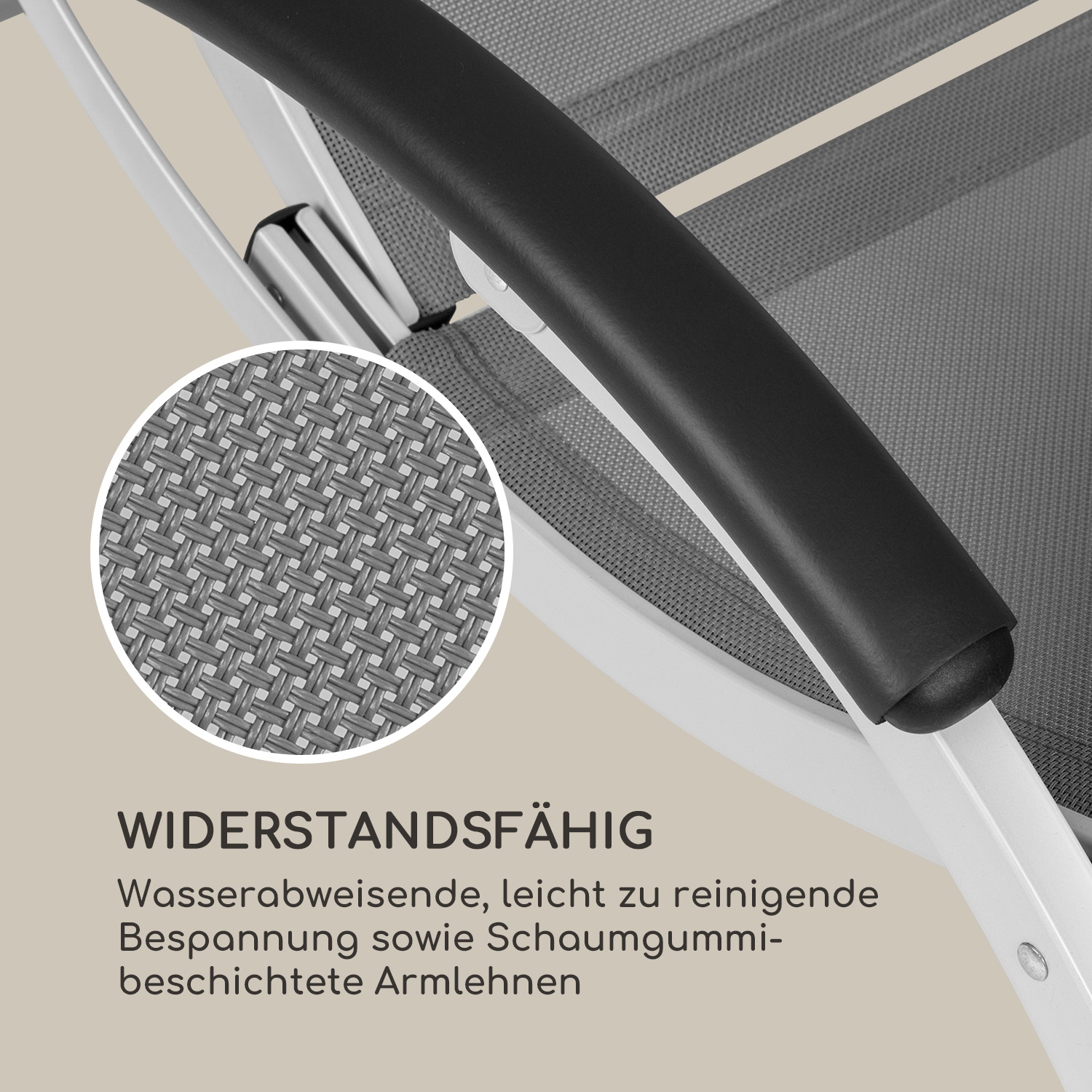 Nahaufnahme der grauen Stuhllehne, zeigt gewebte Stoffstruktur und schwarze Armlehne.