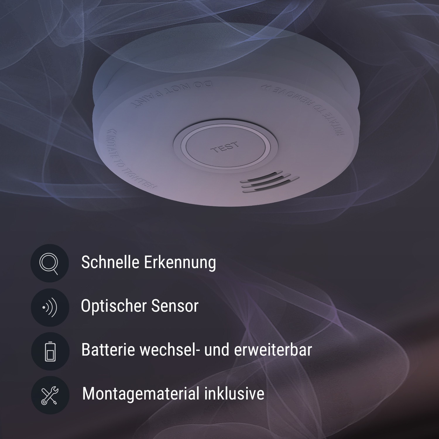 Ein Rauchmelder an der Decke montiert, mit Symbolen, die Funktionen und Textanweisungen anzeigen.