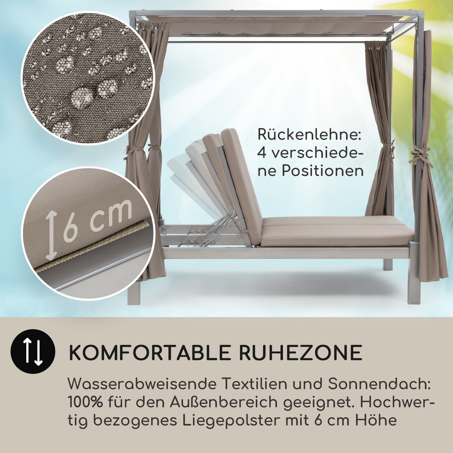 Outdoor-Pavillon mit Liegebett, mit Wassertropfen auf dem Stoff.