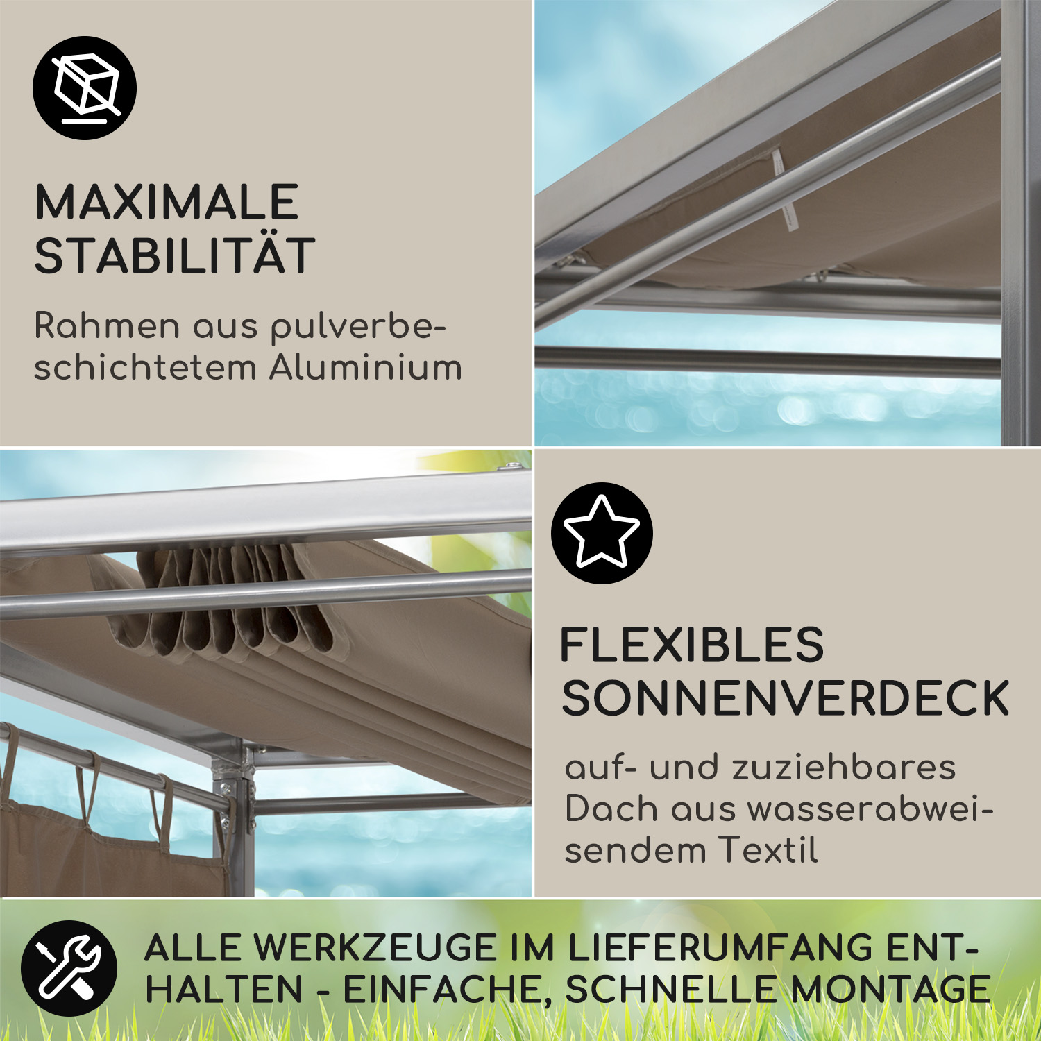 Pavillonstruktur mit Text. Es ist silberfarben mit einem beigefarbenen Stoffdach und Seiten.