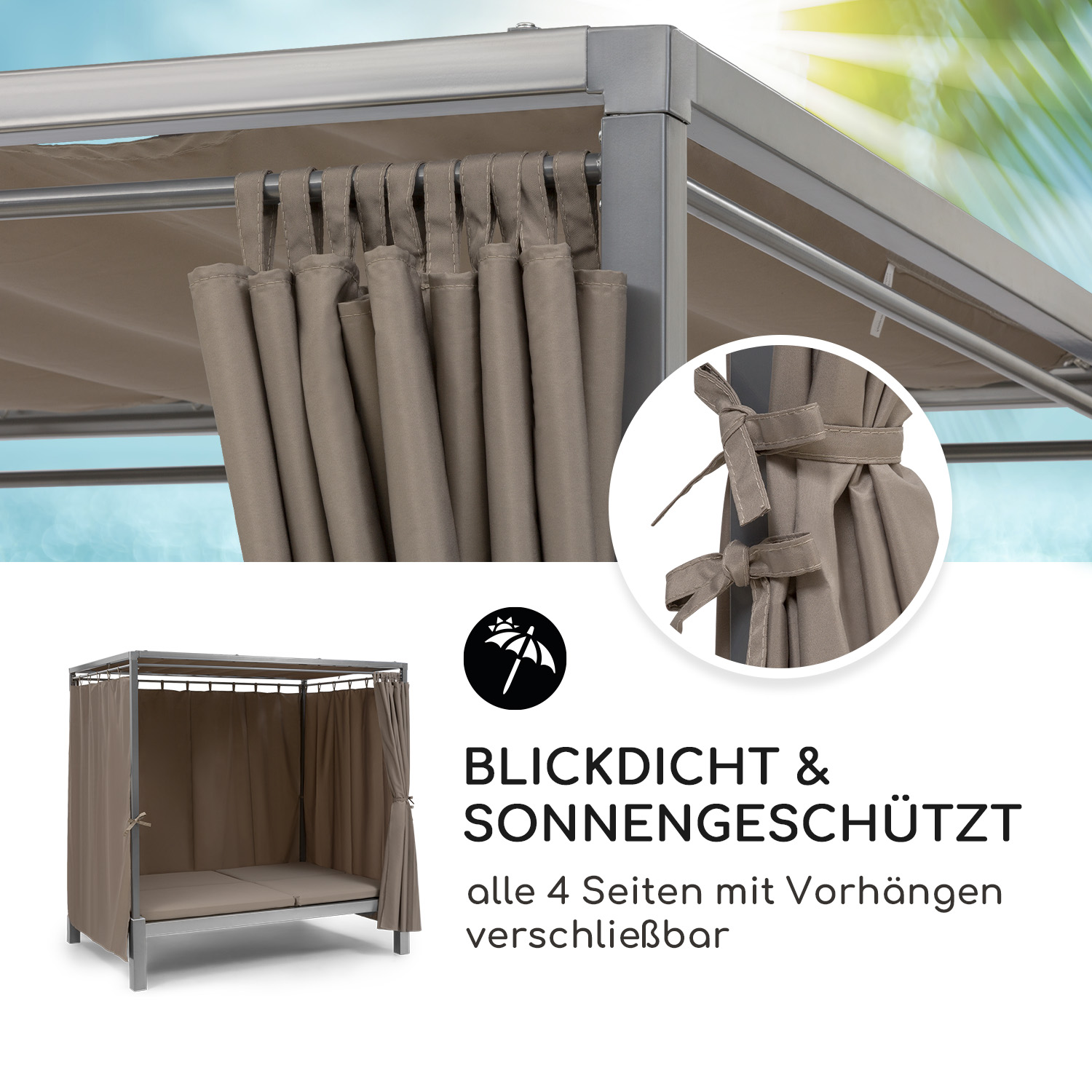 Ein beiger Outdoor-Pavillon mit Vorhängen, der Schatten spendet. Text sagt 'Blickdicht & Sonnengeschützt'.