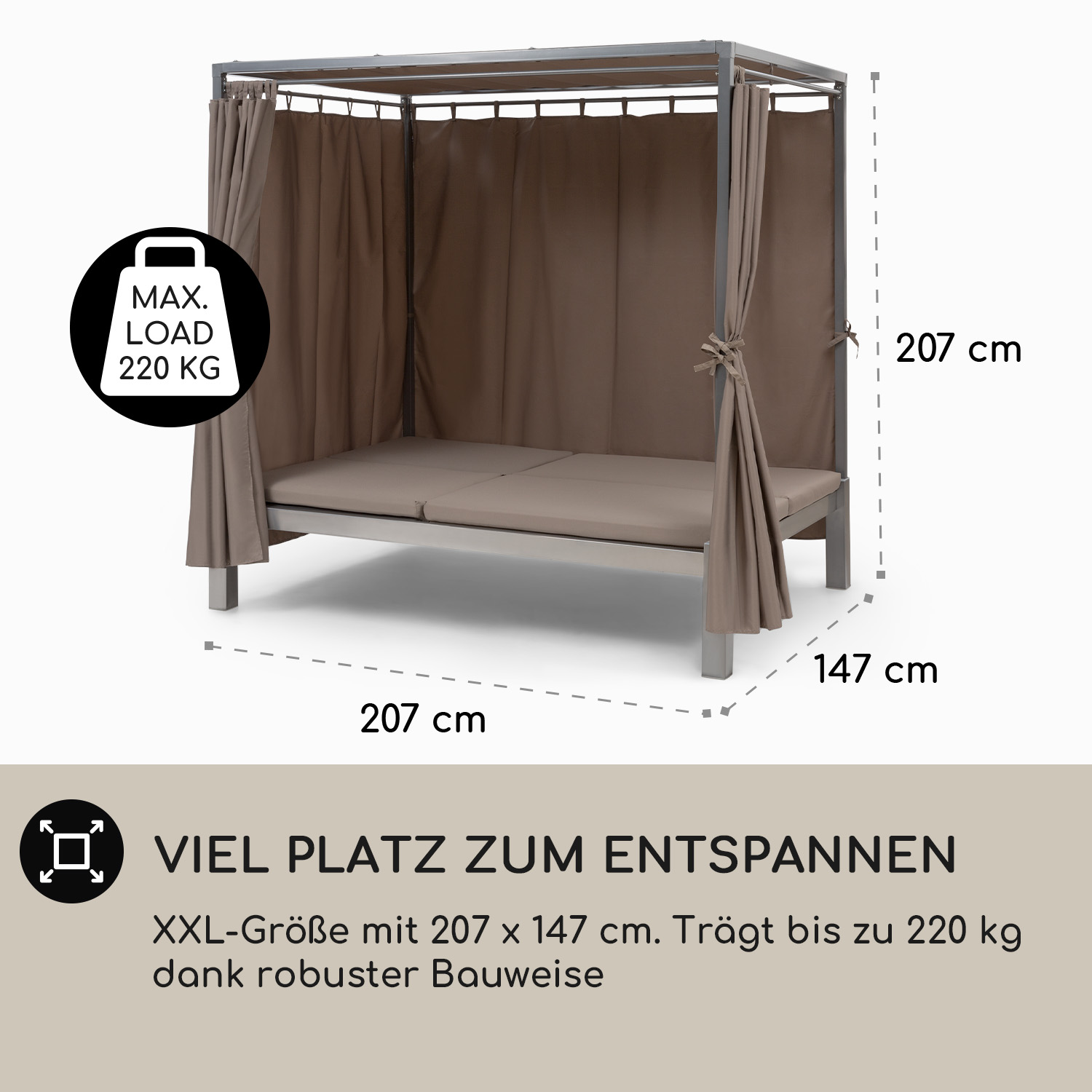 Außenbett mit Vorhängen, mit Abmessungen und Gewichtsbeschränkung.