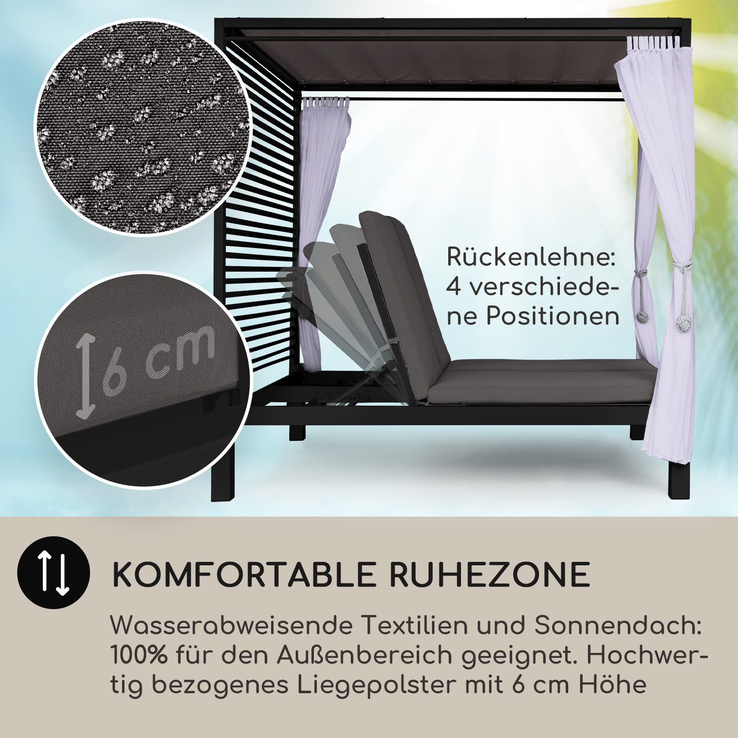 Ein schwarzer Außenbettrahmen mit Baldachin und verstellbarer Rückenlehne. Weiße Vorhänge hängen.