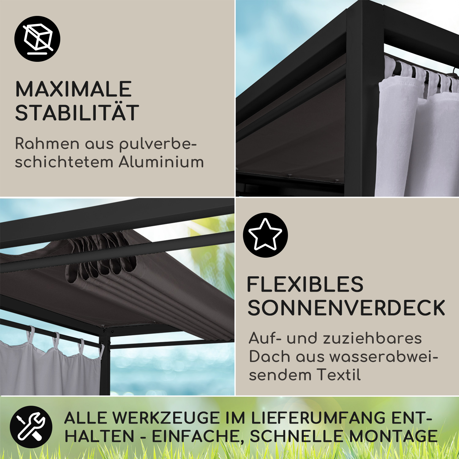 Broschüre mit Text zur Stabilität und eine Pergola mit Vorhängen.