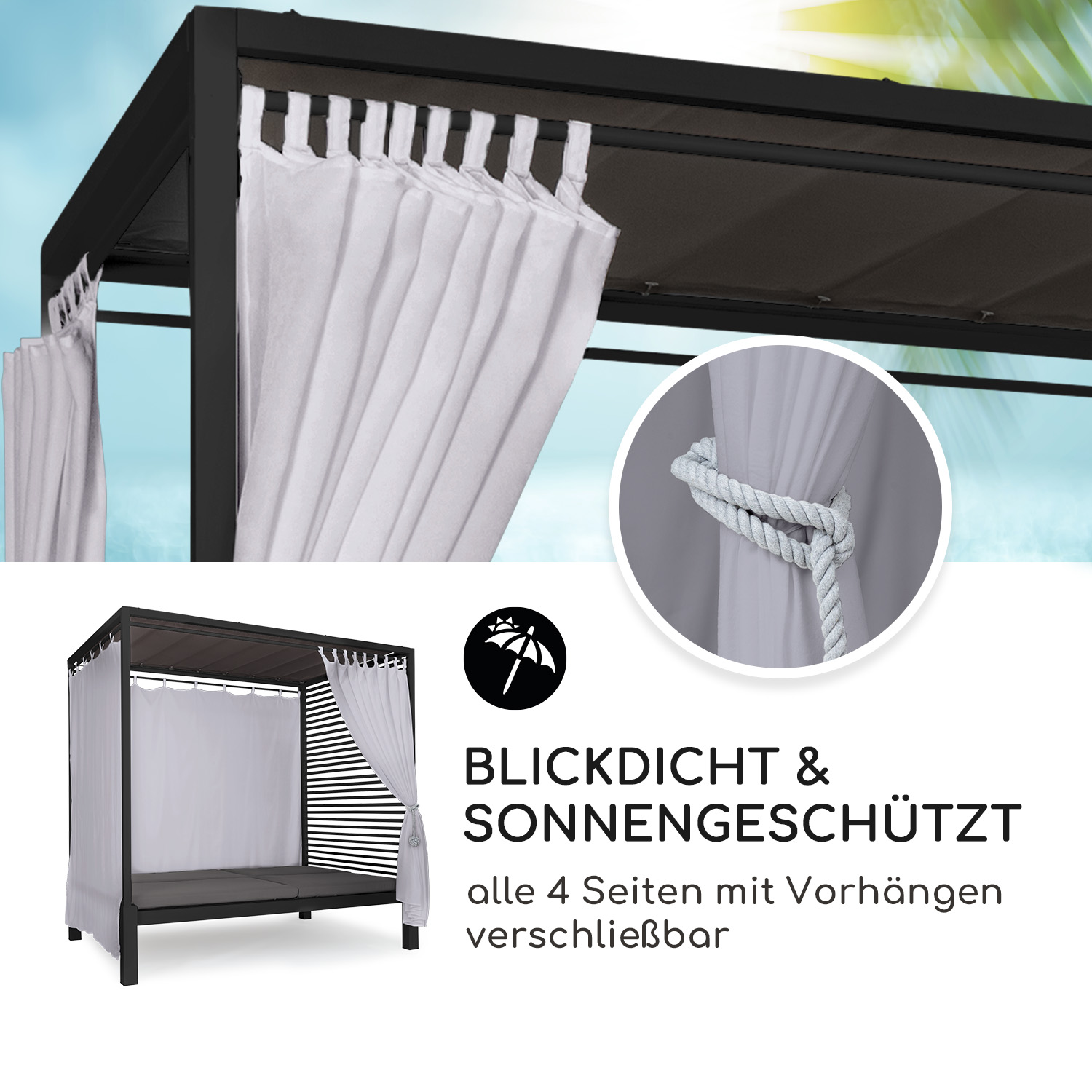 Sonnenliege mit verstellbarer Rückenlehne, Rädern und Text über Liegen oder Sitzen.