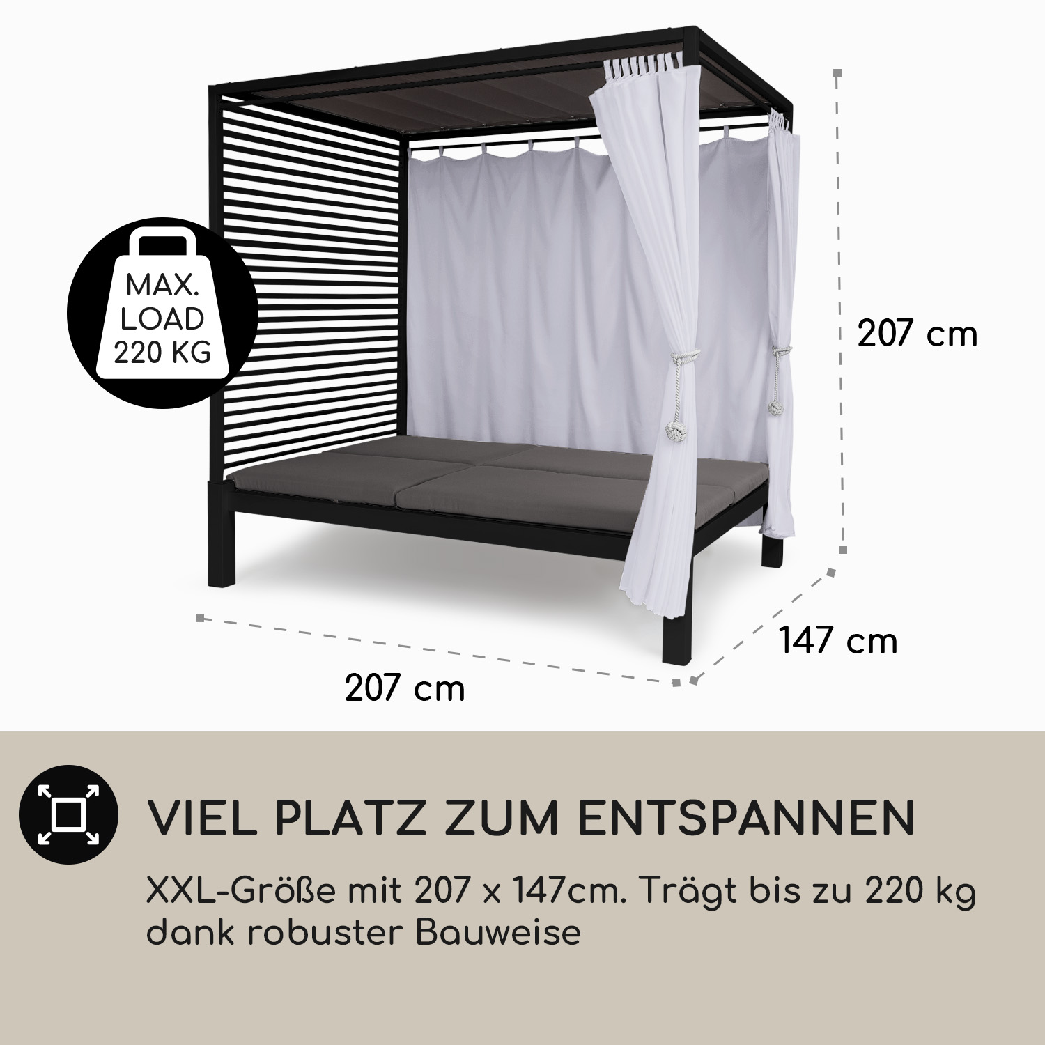 Ein schwarzes Outdoor-Himmelbett mit weißen Vorhängen. Text sagt, es trägt bis zu 220 kg.