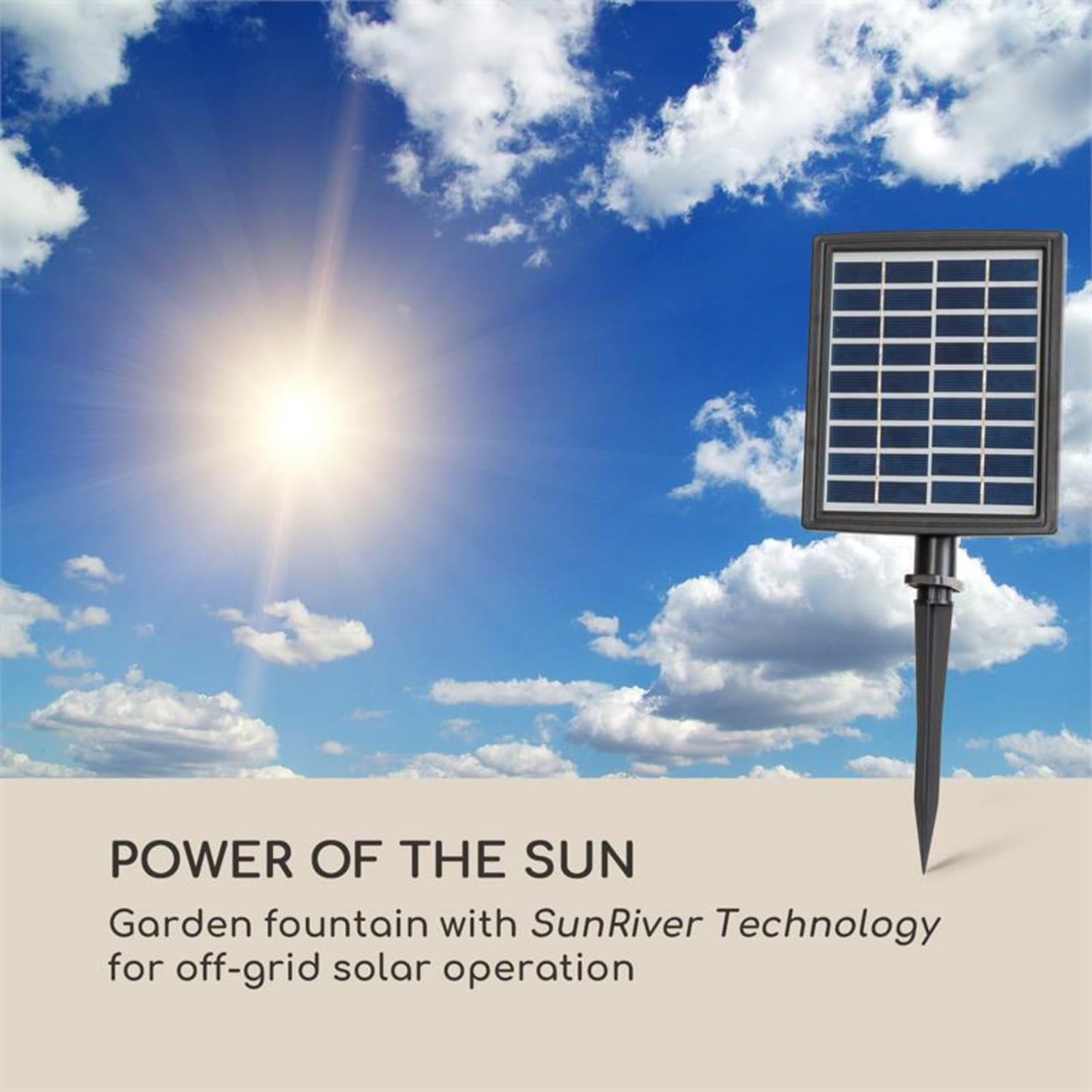 Solarpanel in sonnigem Himmel. Text lautet: Power of the Sun, Gartenbrunnen.