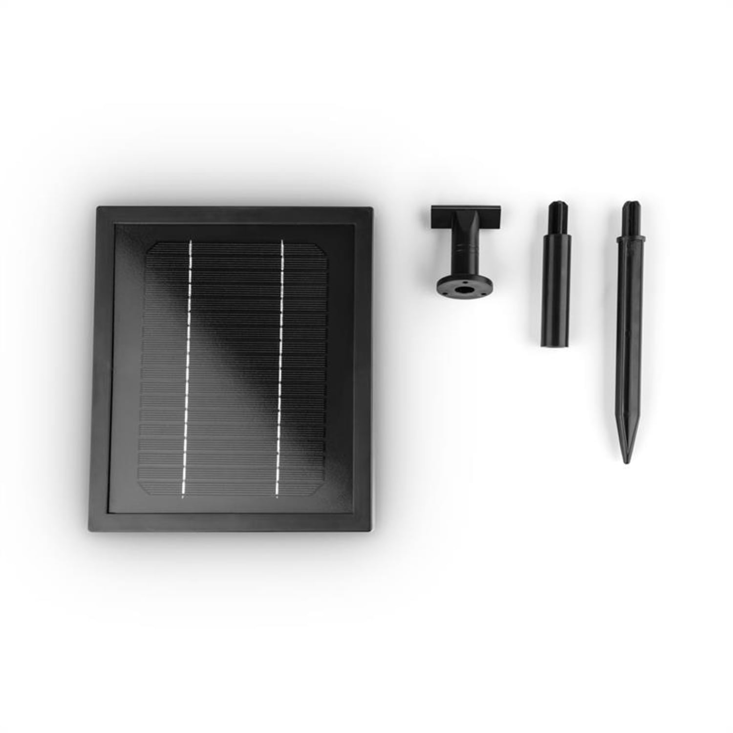 Ein schwarzes Solarpanel mit Montagezubehör. Der Hintergrund ist weiß.