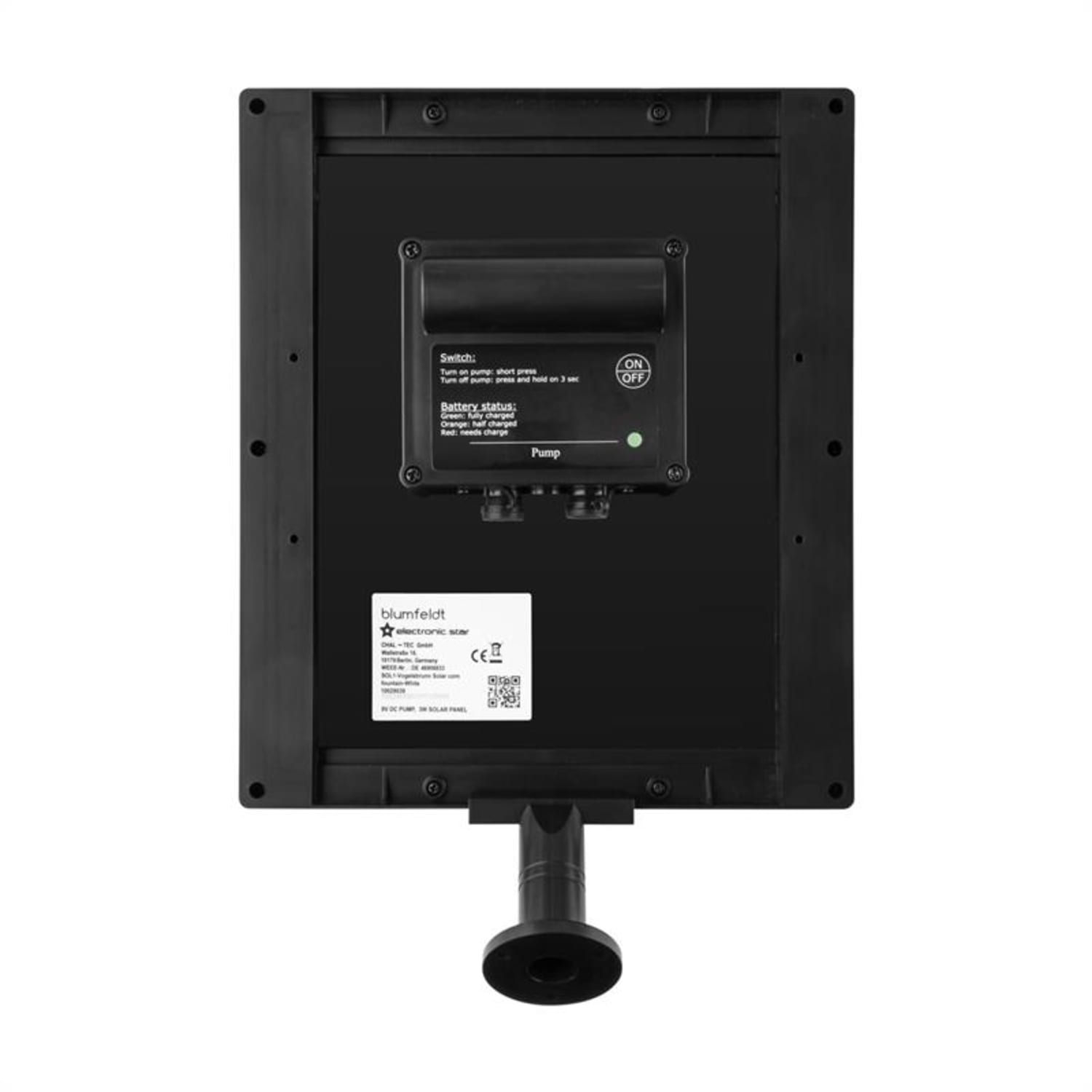 Ein schwarzes Solarpanel mit einem 'ON/OFF'-Schalter und einem grünen Licht. Text auf dem Panel beschreibt die Batterie.