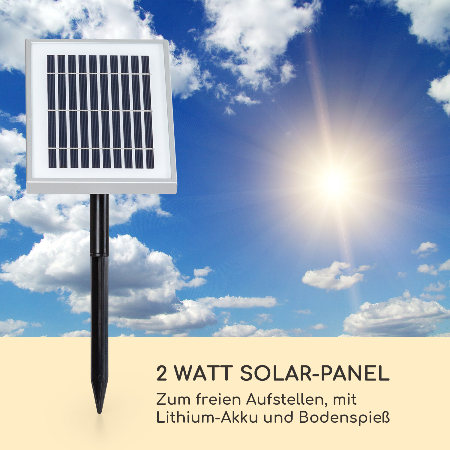 Un panel solar con una estaca negra en el suelo y el sol brillando intensamente en el fondo.