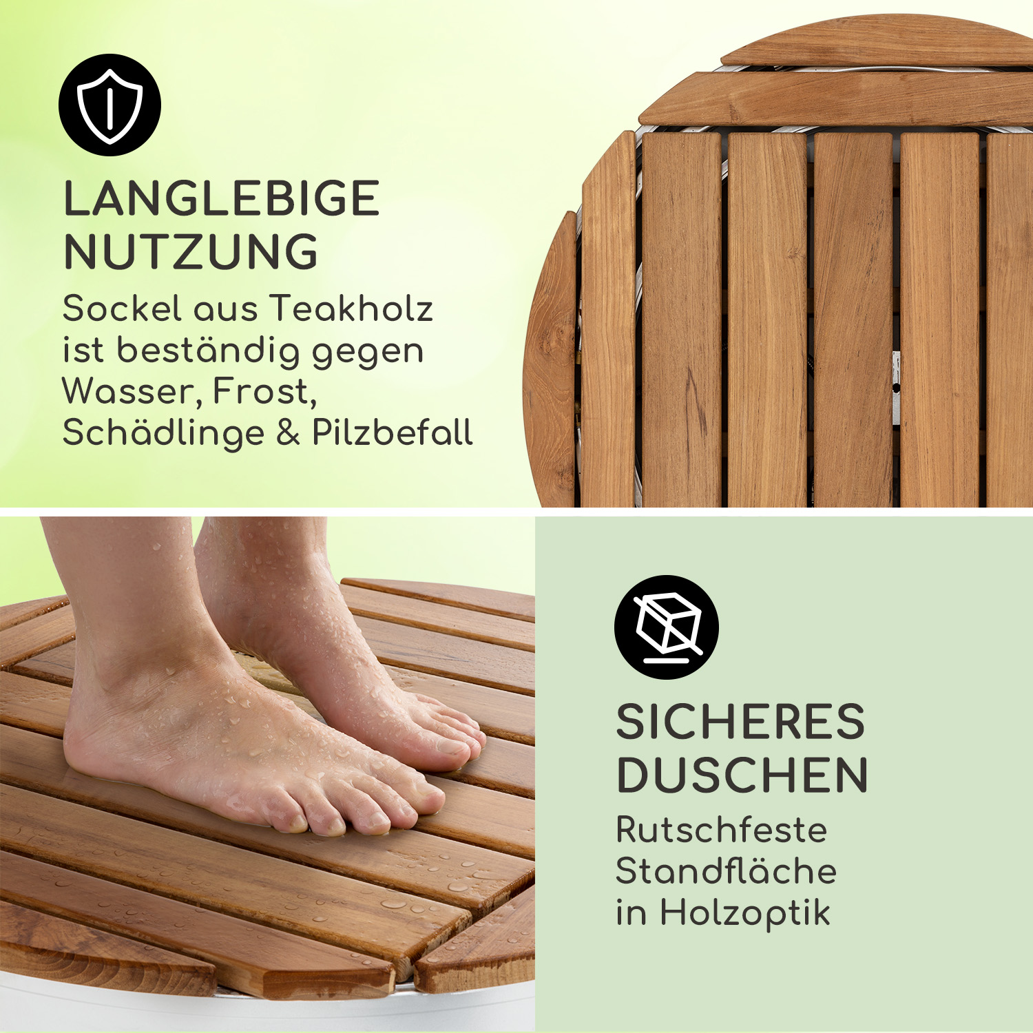 Eine hölzerne Duschbasis mit Füßen und eine hölzerne Duschmatte.