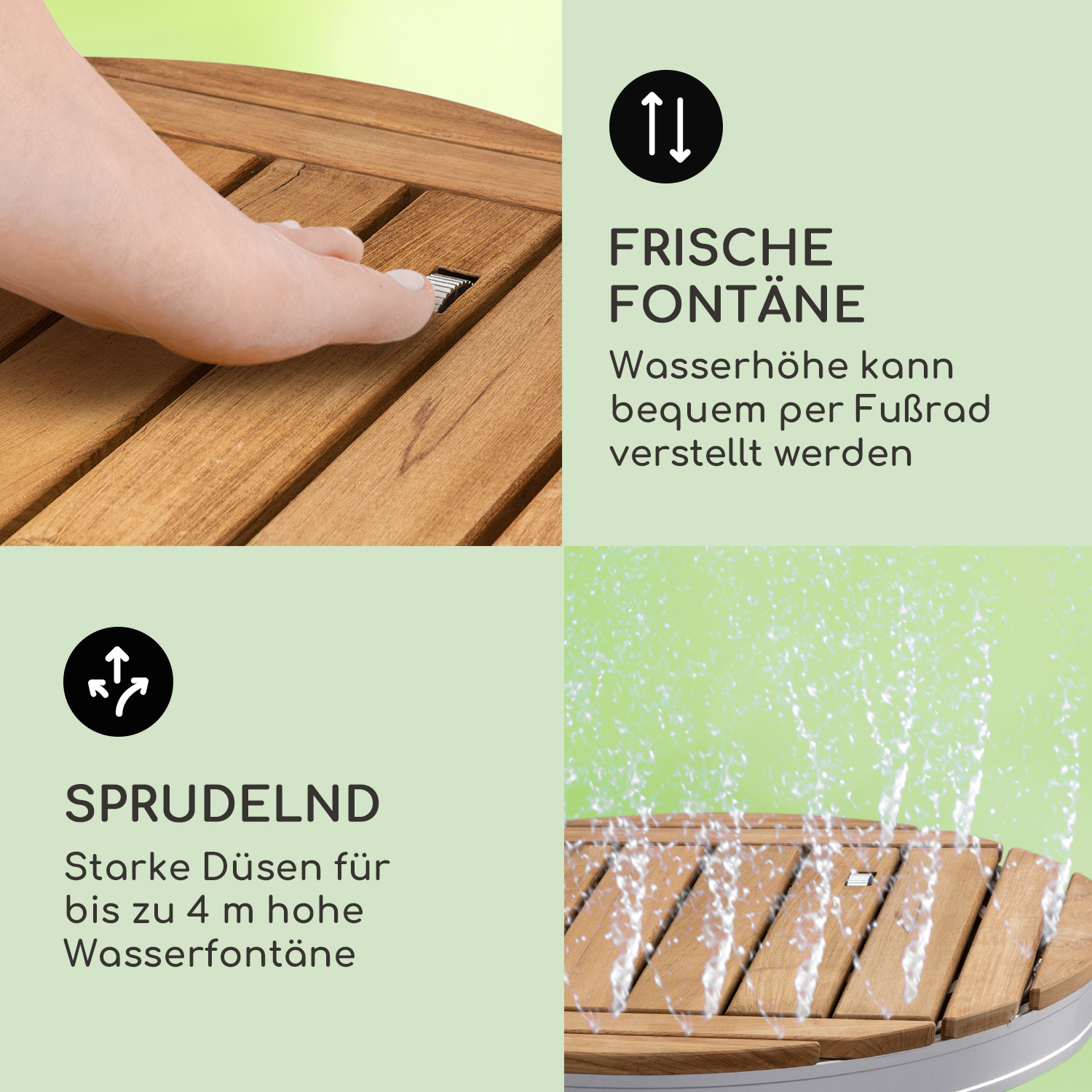 Ein Holztisch mit einem Brunnenelement. Eine Hand ist in der Nähe des Wassers, und Strahlen sprühen nach oben.