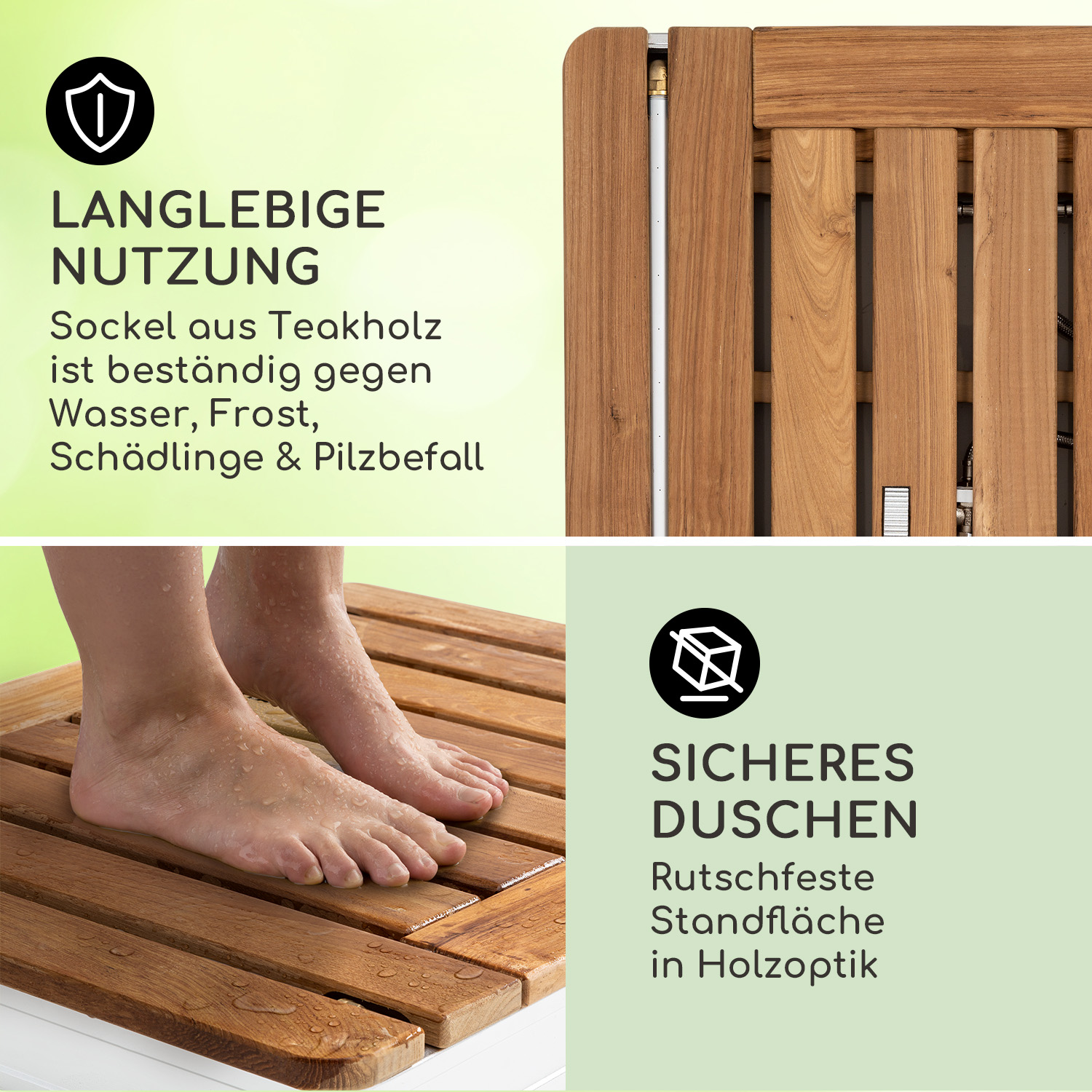 Eine Collage zeigt eine Dusche mit Teakholz-Boden, Füße und Text über langlebige Nutzung und sicheres Duschen.
