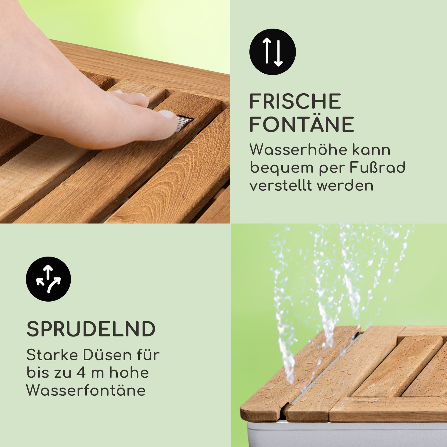 Eine Holz-Außendusche. Es zeigt Wasser, einen Fuß und Text in sonniger Umgebung.