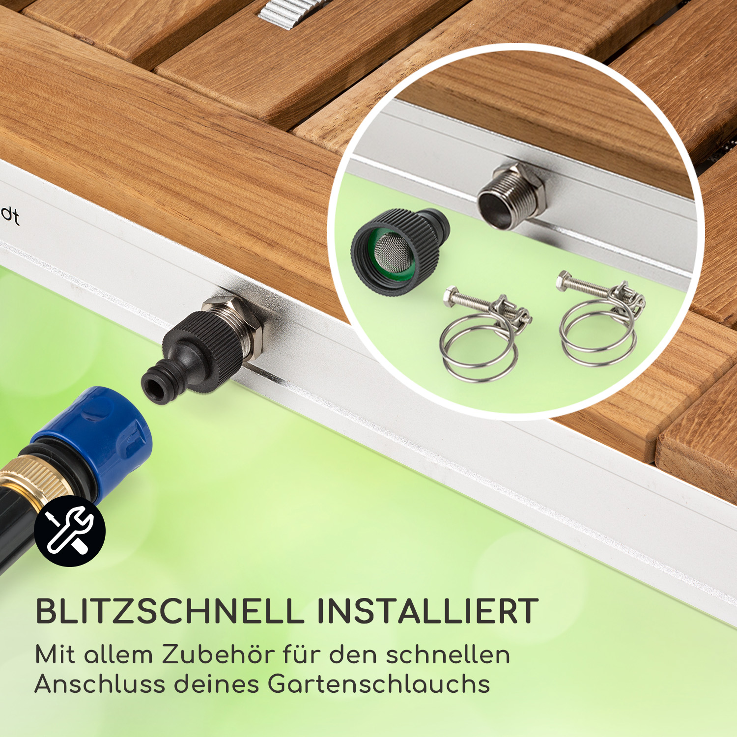 Ein schwarzer Gartenstuhl mit Netzgewebe, der Merkmale wie UV-Schutz und Atmungsaktivität hervorhebt.