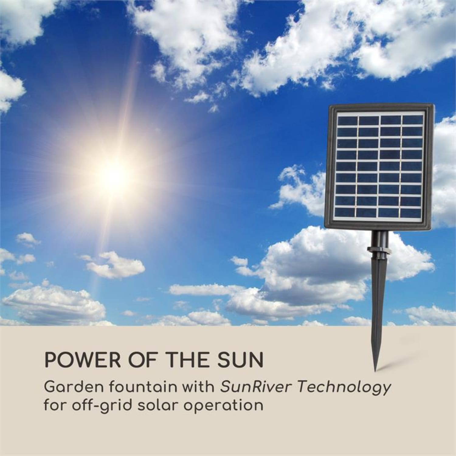 Ein solarbetriebener Gartenbrunnen mit sonnigem Himmel im Hintergrund und dem Text 'POWER OF THE SUN'.