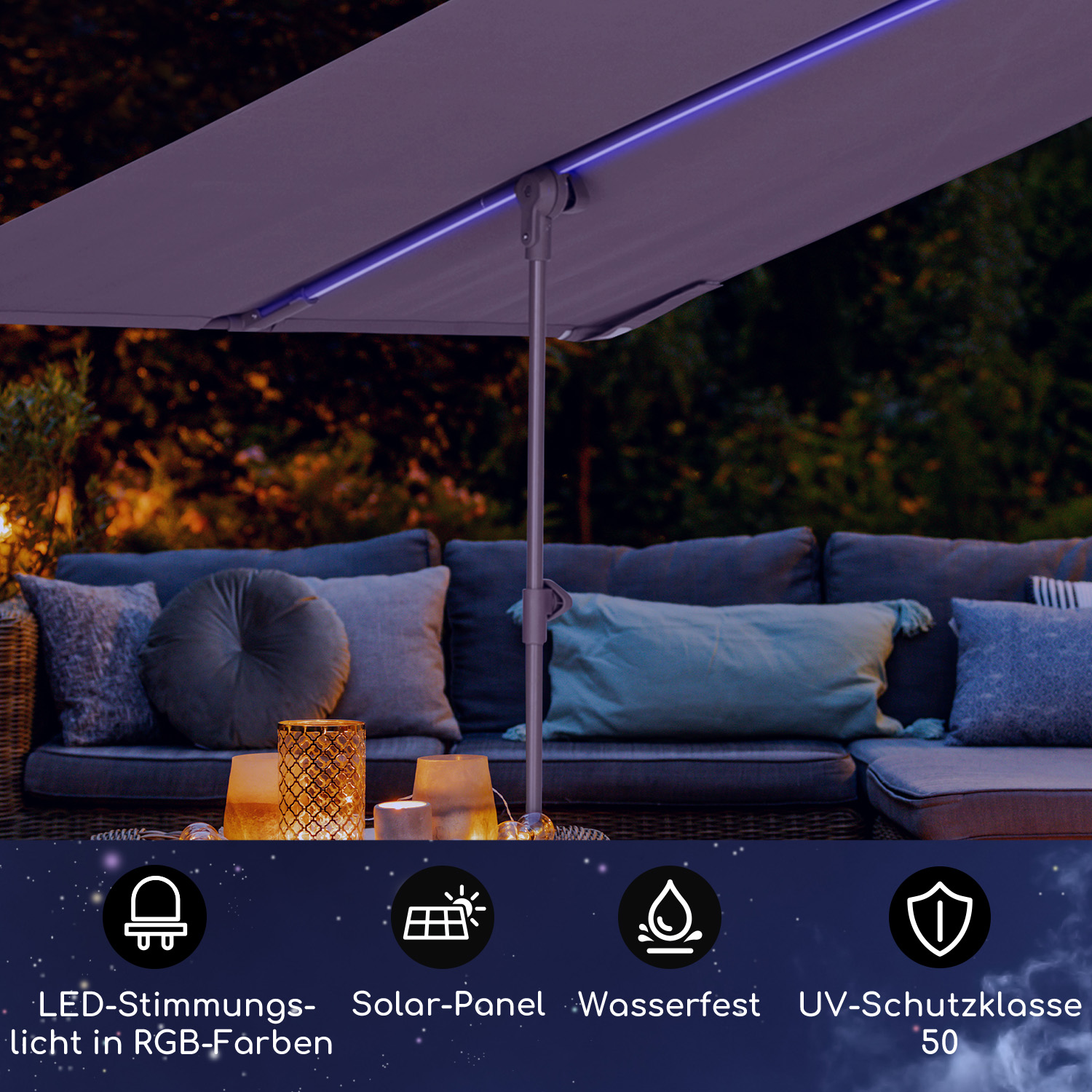 Scena all'aperto con un ombrellone e posti a sedere. L'ombrellone ha luci a LED blu, con loghi e icone.