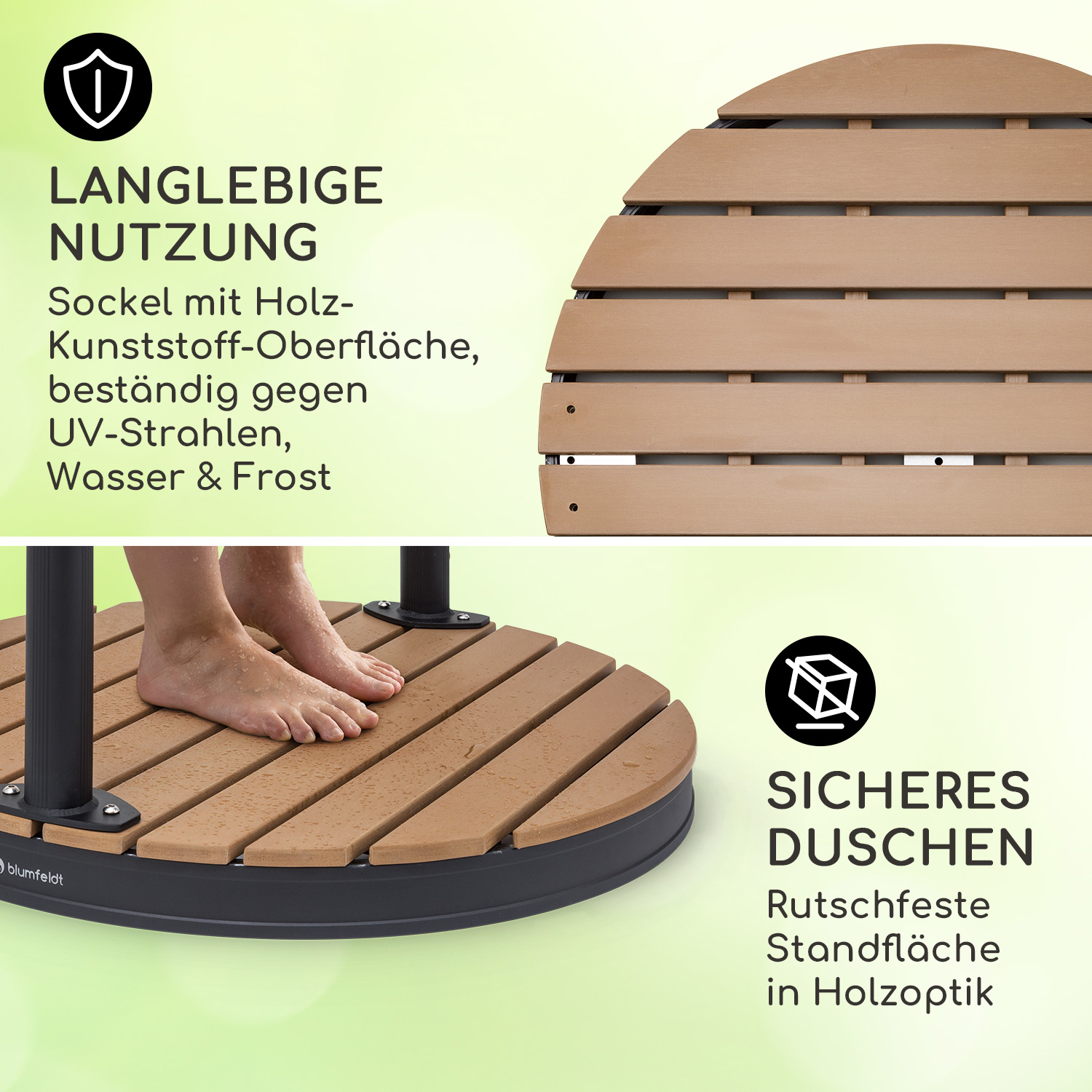 Duschbasis mit Holzoptik, schwarzem Rahmen und Füßen einer Person.