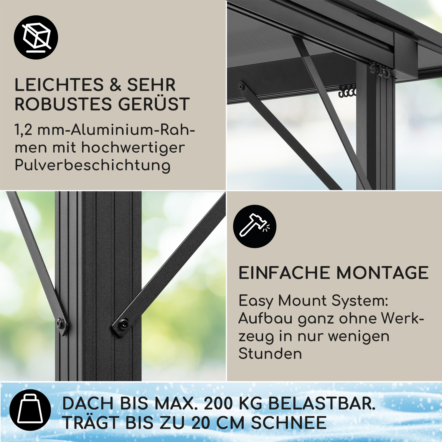 Nahaufnahme von schwarzen Metallstrukturteilen mit Text über einfache Montage und Tragfähigkeit.