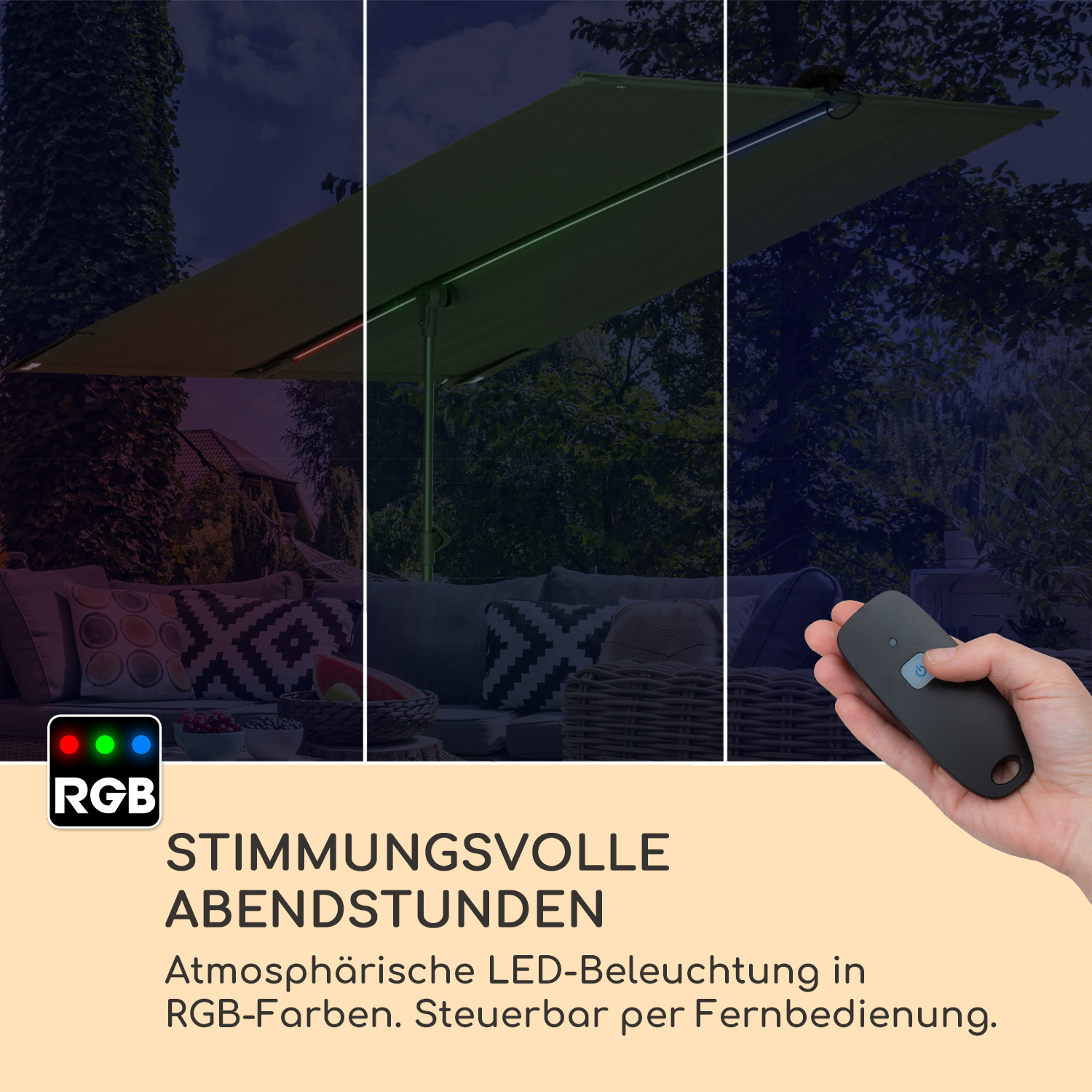 Tre immagini di un ombrellone illuminato con illuminazione RGB e un telecomando.