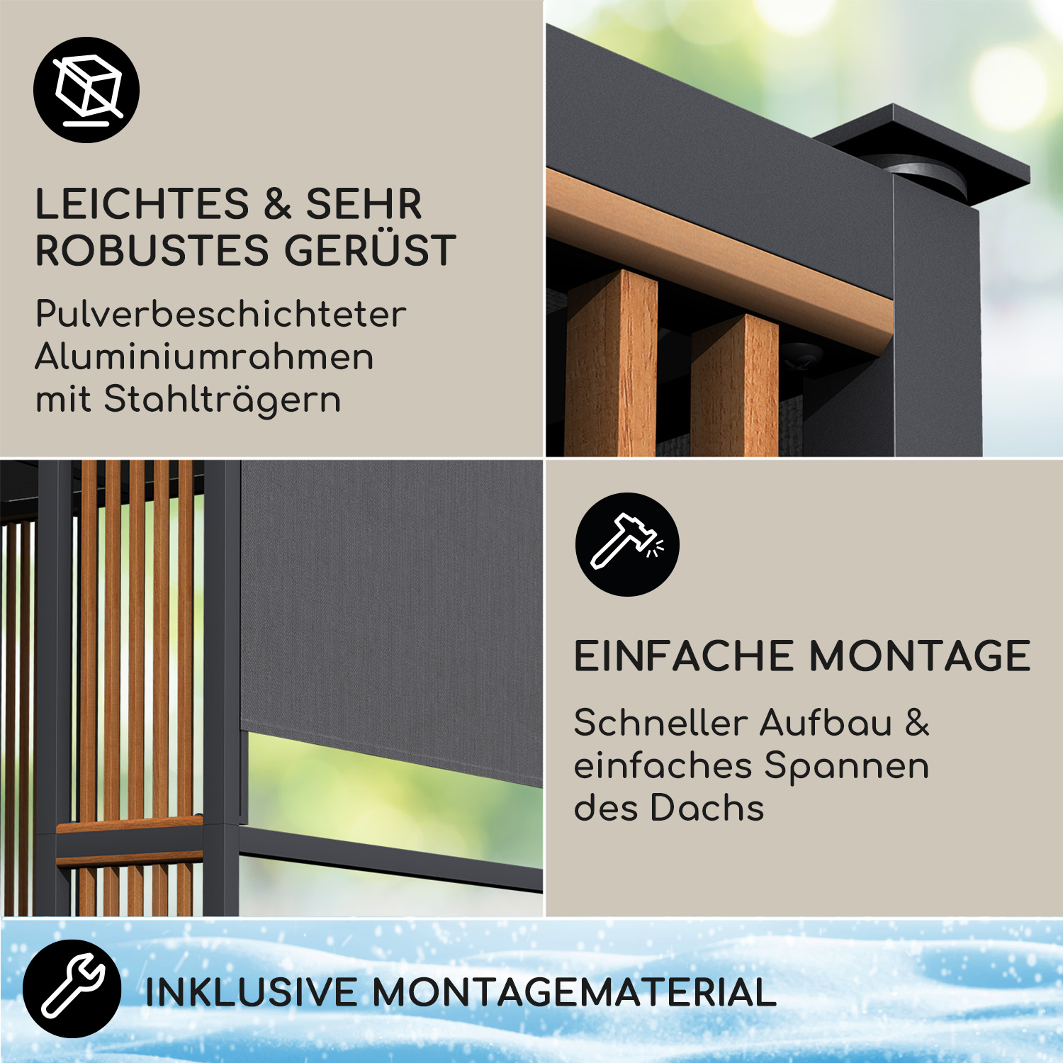 Eine Collage von Bildern, die einen Pavillon mit Text zeigen, der Merkmale beschreibt, einschließlich Aluminiumrahmen.