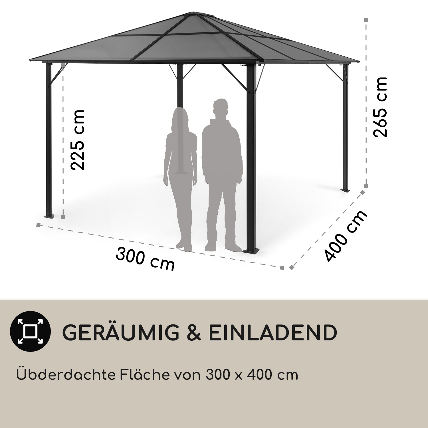 Schwarzer Pavillon mit klarem Dach, mit Maßen und Silhouetten.