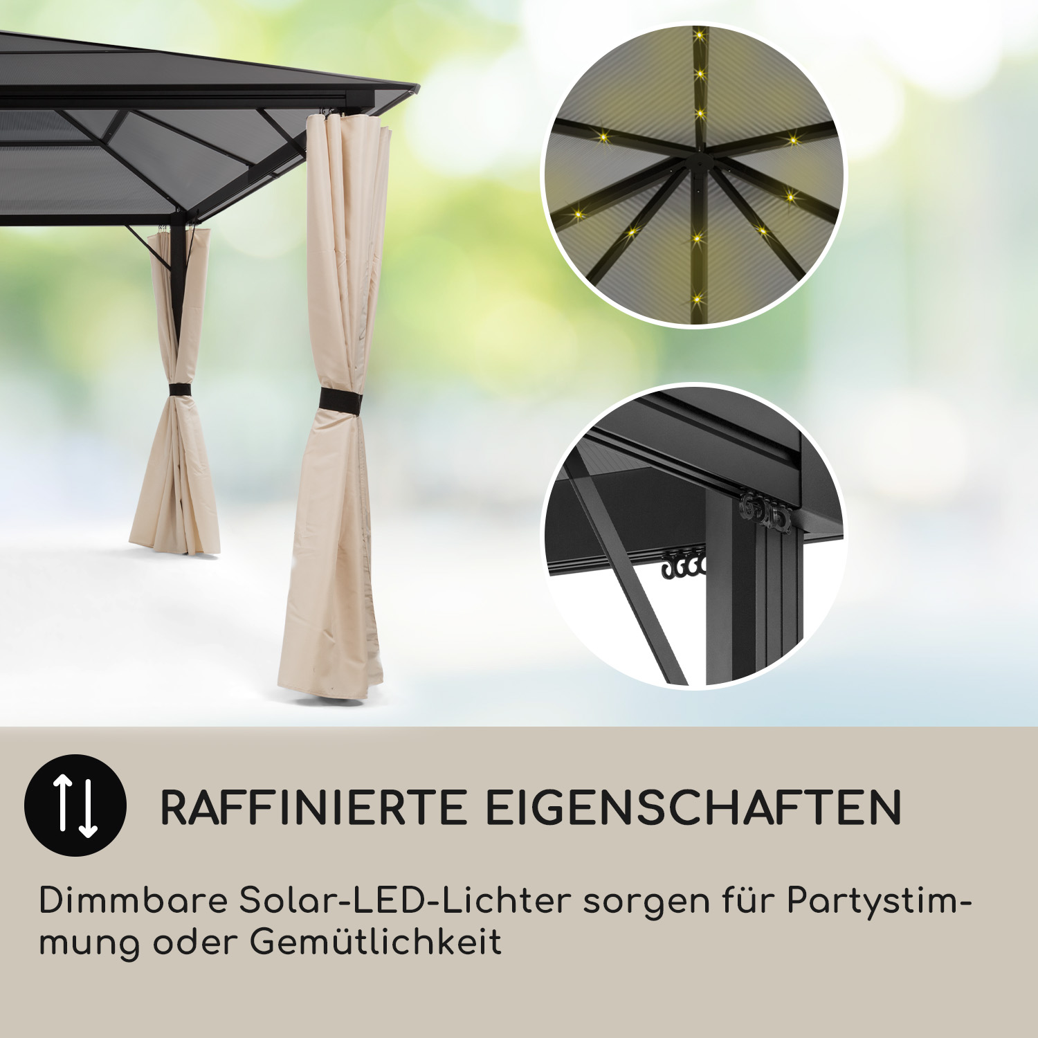 Pergola-Detail. Vorhänge, Lichter in der Decke und Text auf Deutsch: Raffinierte Eigenschaften.