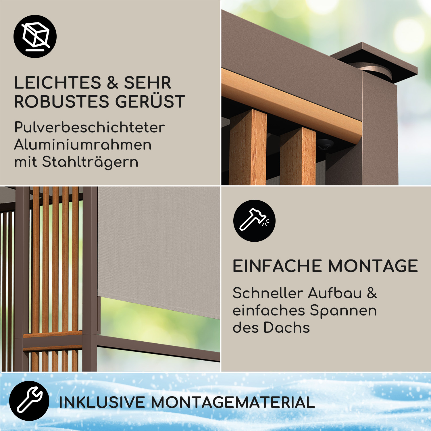 Bild zeigt Detail eines stabilen Aluminiumrahmens mit Stahlstützen, Text über einfache Montage und enthaltenes Material.