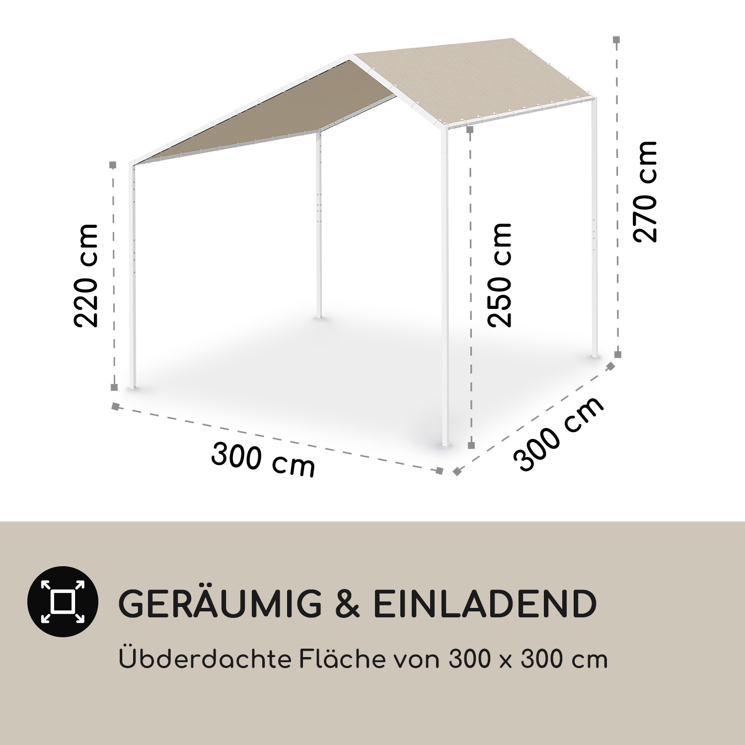 Un gazebo beige con misure e dimensioni su sfondo bianco.