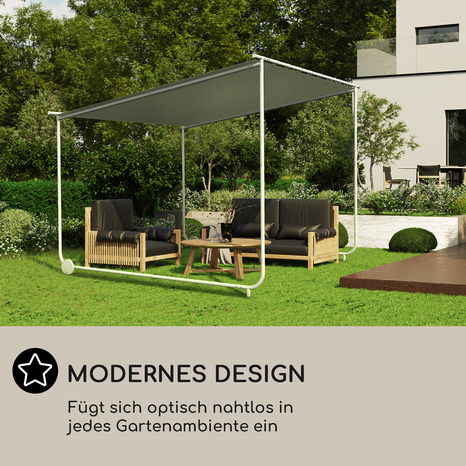 Ein modernes Gartendesign mit einem weißen Rahmen über schwarzen Möbeln auf Gras. Bäume und ein Haus im Hintergrund.