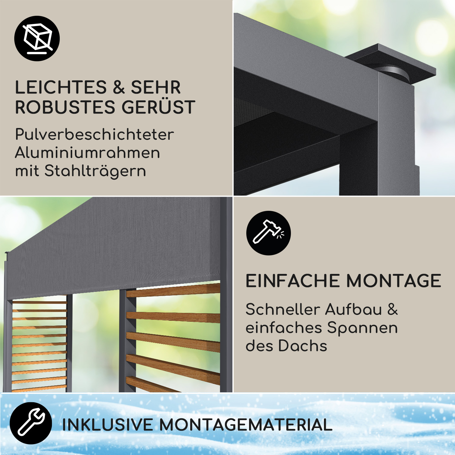 Details der Außenstruktur, Aluminiumrahmen, Dach und Text mit Merkmalen.