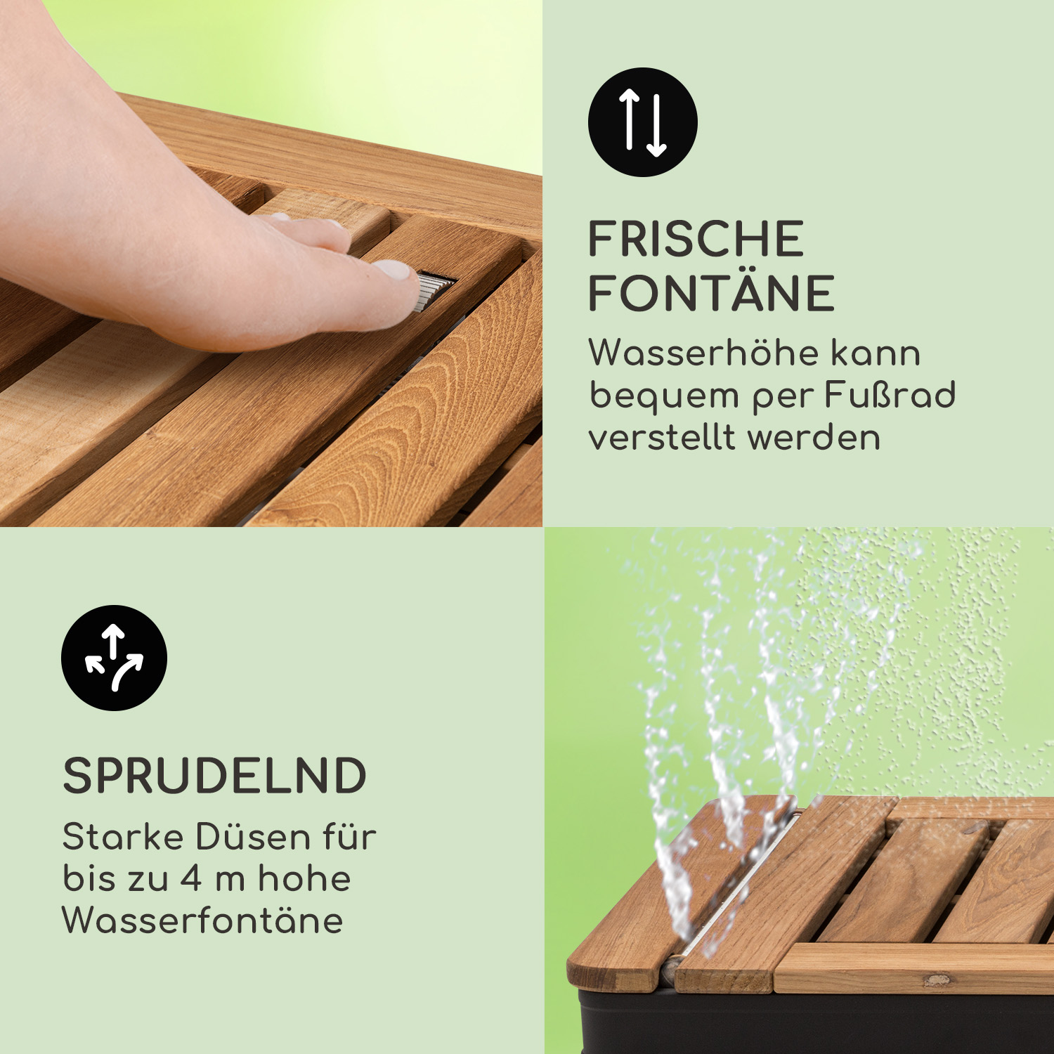 Holzbrunnen mit Wasserspielen, Text und einem Fuß, der einen Hebel drückt.