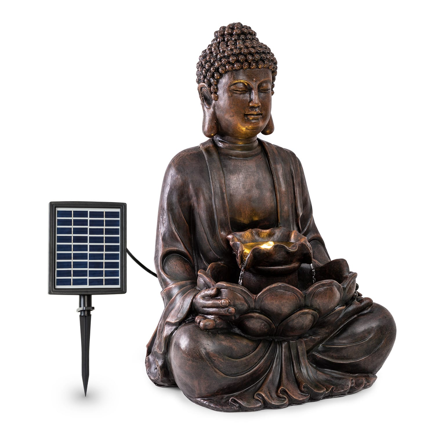 Buddha-Statue mit Solarpanel und Wasserspiel. Bronze Farbe.