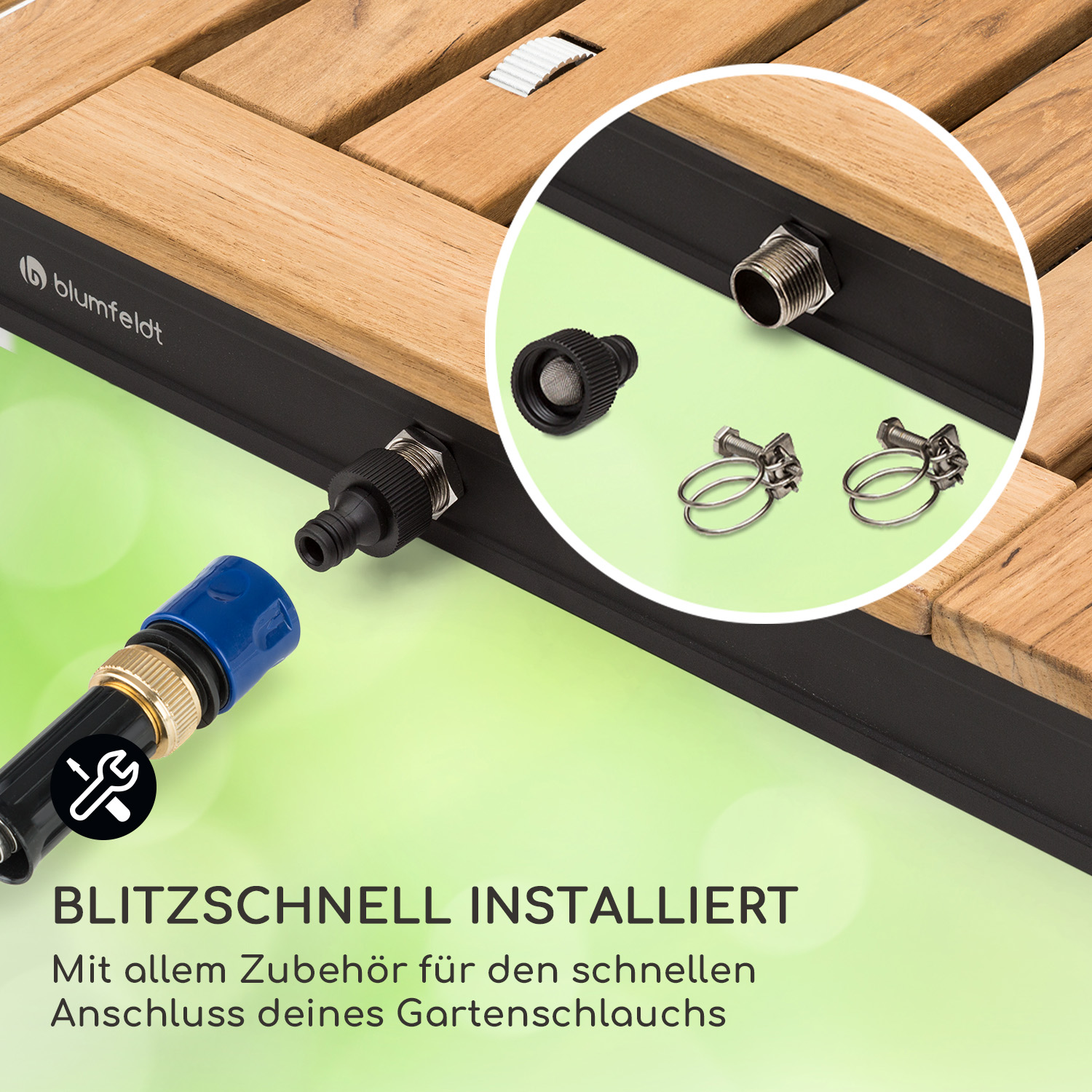 Gartenschlauch-Komponenten. Schlauch mit Stecker und andere Teile auf Holzlatten. Text: schnelle Installation.