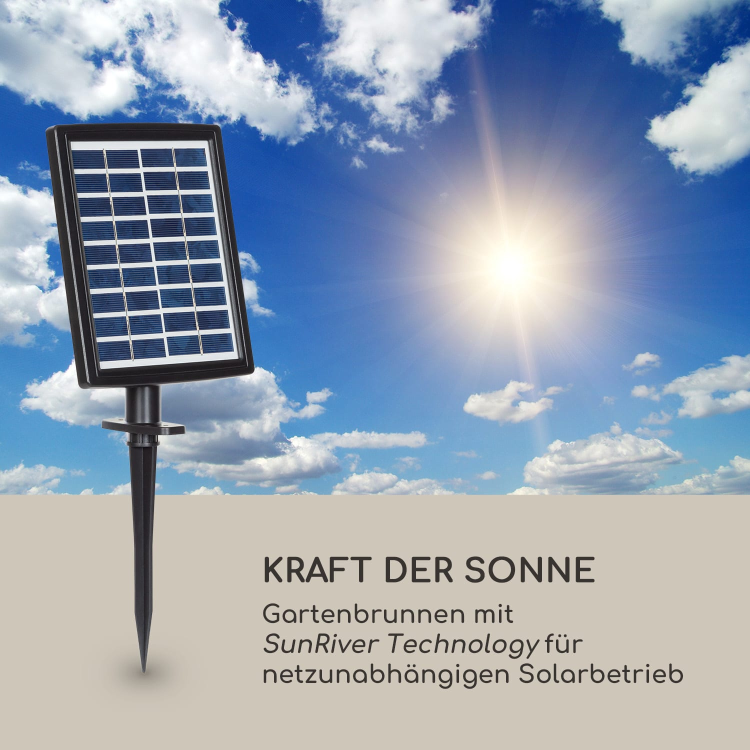 Ein Solarpanel mit einem Pfahl im Boden. Der Hintergrund zeigt blauen Himmel und Sonne.