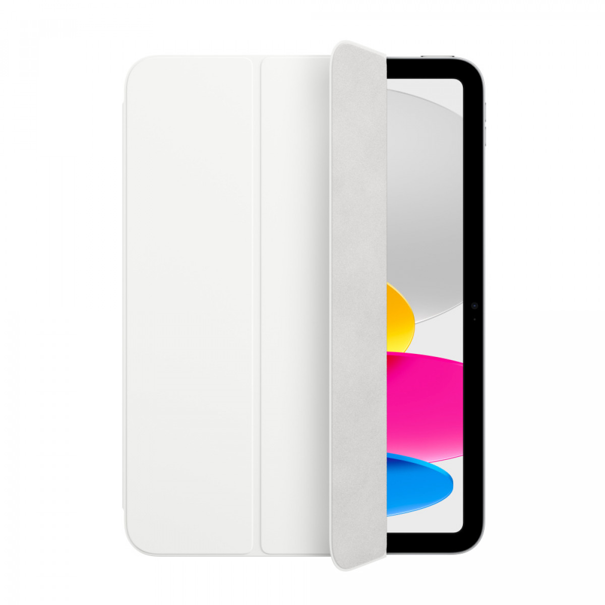 Weiße Tablethülle mit teilweise geöffneter Abdeckung, Tablet-Bildschirm mit Farbe sichtbar.