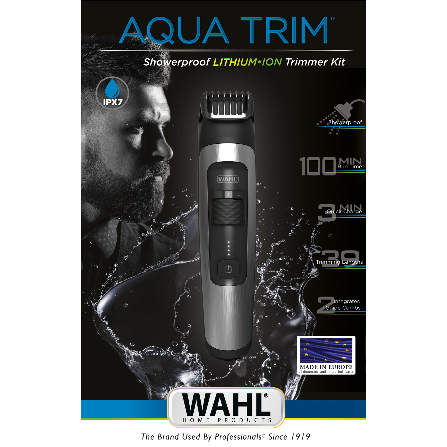 El rostro de un hombre con barba y una recortadora Wahl plateada con salpicaduras de agua.