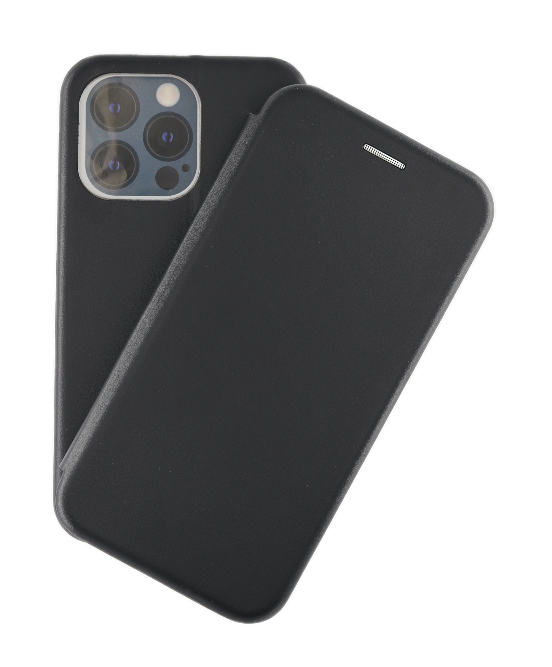 Eine schwarze Handyhülle mit einer Abdeckung, die geöffnet ist, um das Telefon mit drei Kameralinsen zu zeigen.