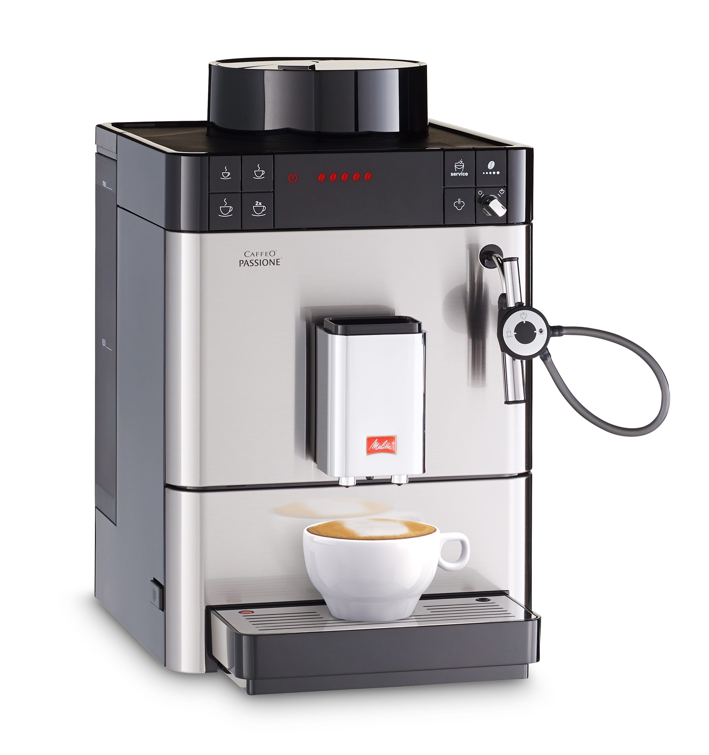 Une machine à café Melitta Passione en acier inoxydable. Une tasse de café est sous le bec, prête à servir.