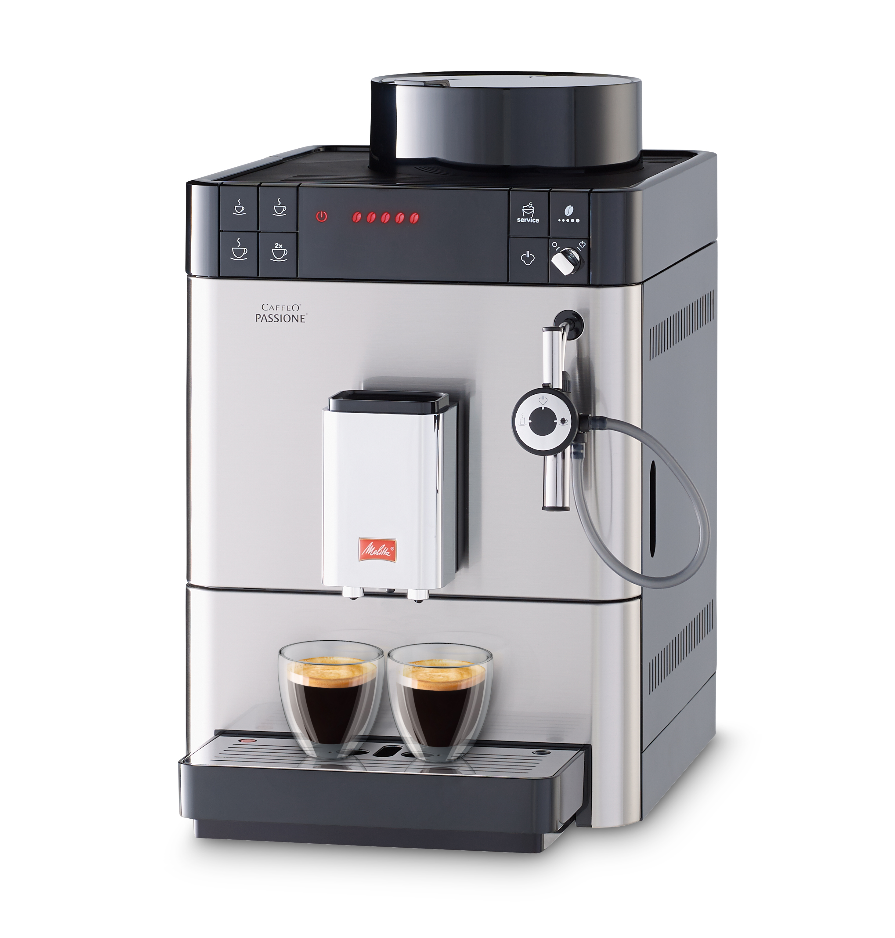 Machine à expresso argentée et noire avec deux verres de café et un bac d'égouttement.