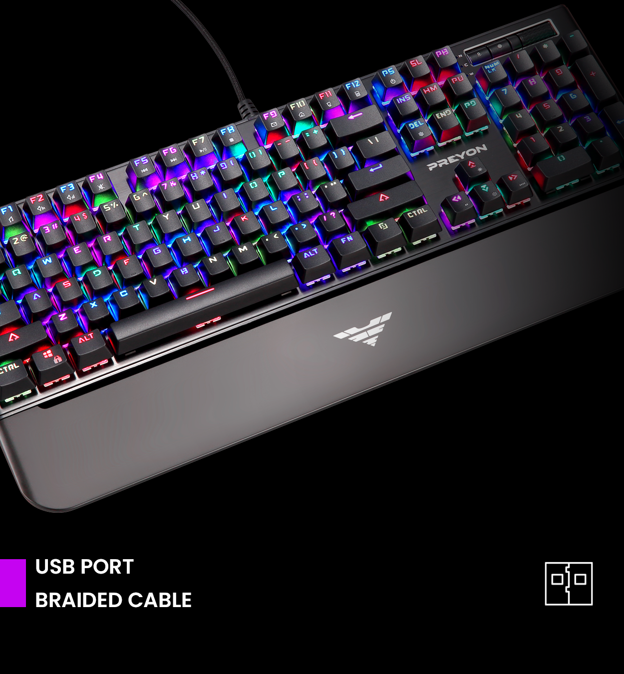 Un teclado PREYON negro con teclas multicolores, un puerto USB y un cable trenzado.