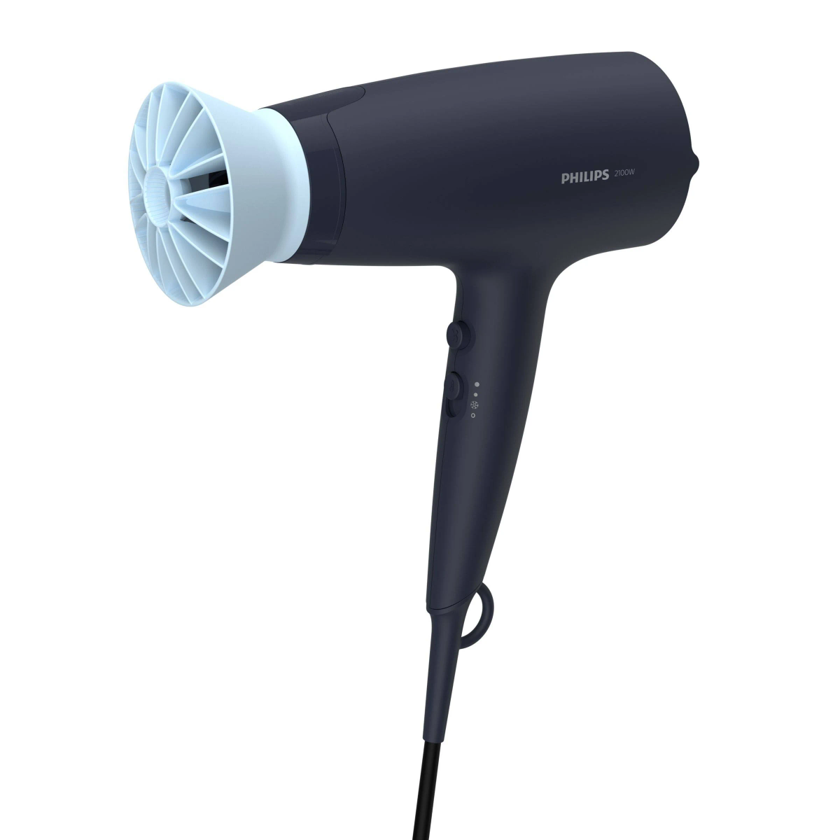 Een donkerblauwe föhn met een witte ventilator. Het Philips-logo is zichtbaar.