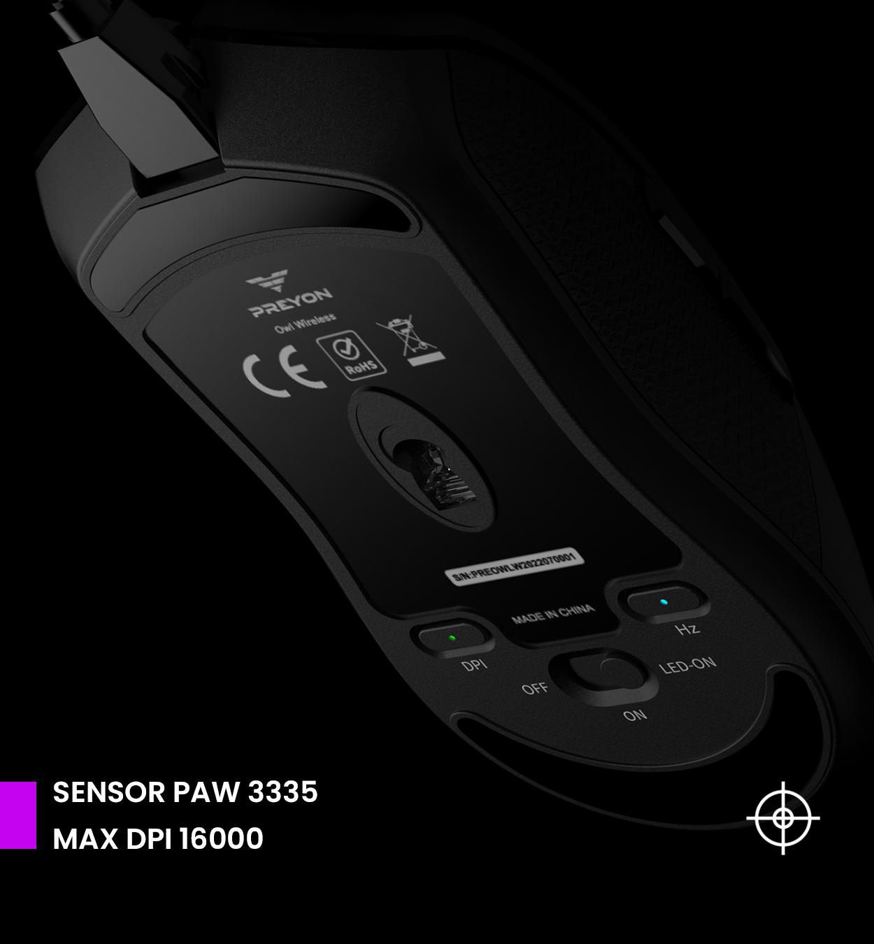 Ratón negro, vista inferior, con indicadores de DPI y LED.