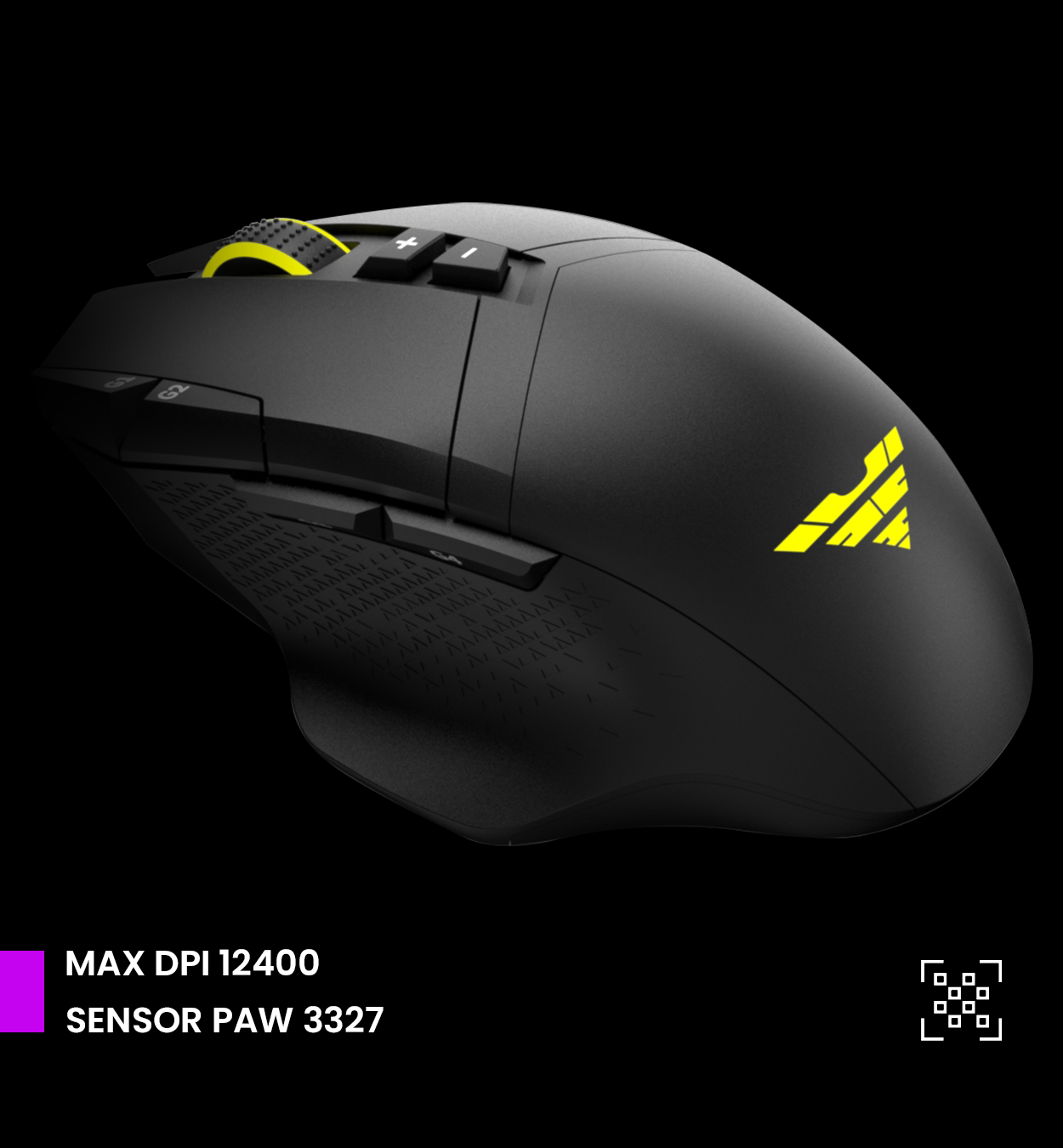 Ratón gaming negro con logotipo y detalles amarillos, botones y agarre texturizado.